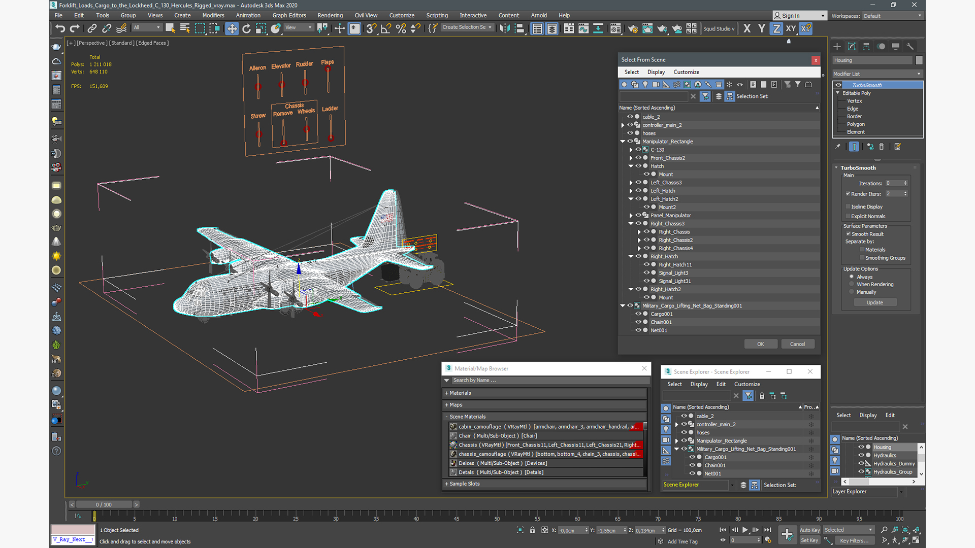 3D Forklift Loads Cargo to the Lockheed C 130 Hercules Rigged model
