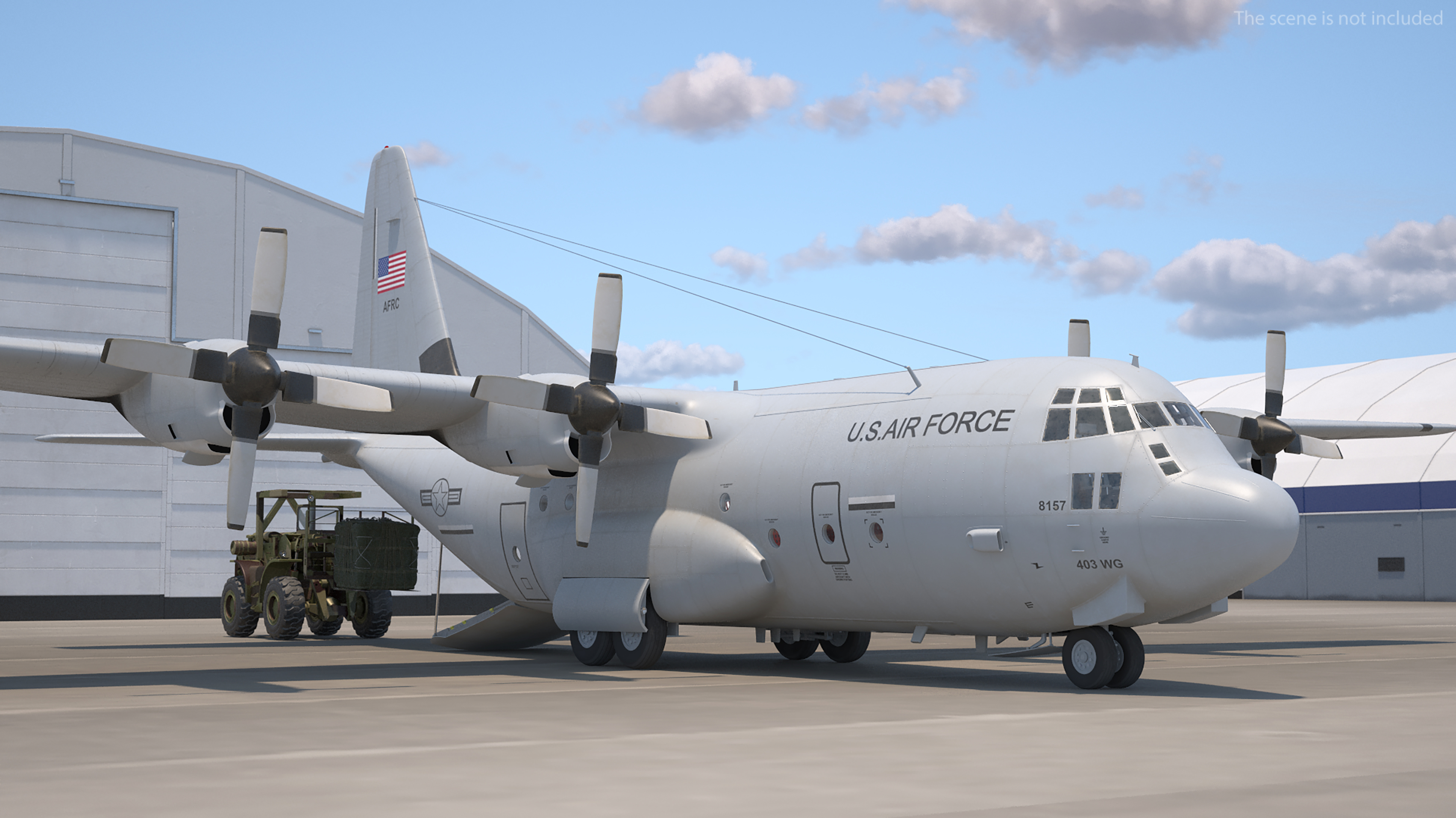3D Forklift Loads Cargo to the Lockheed C 130 Hercules Rigged model
