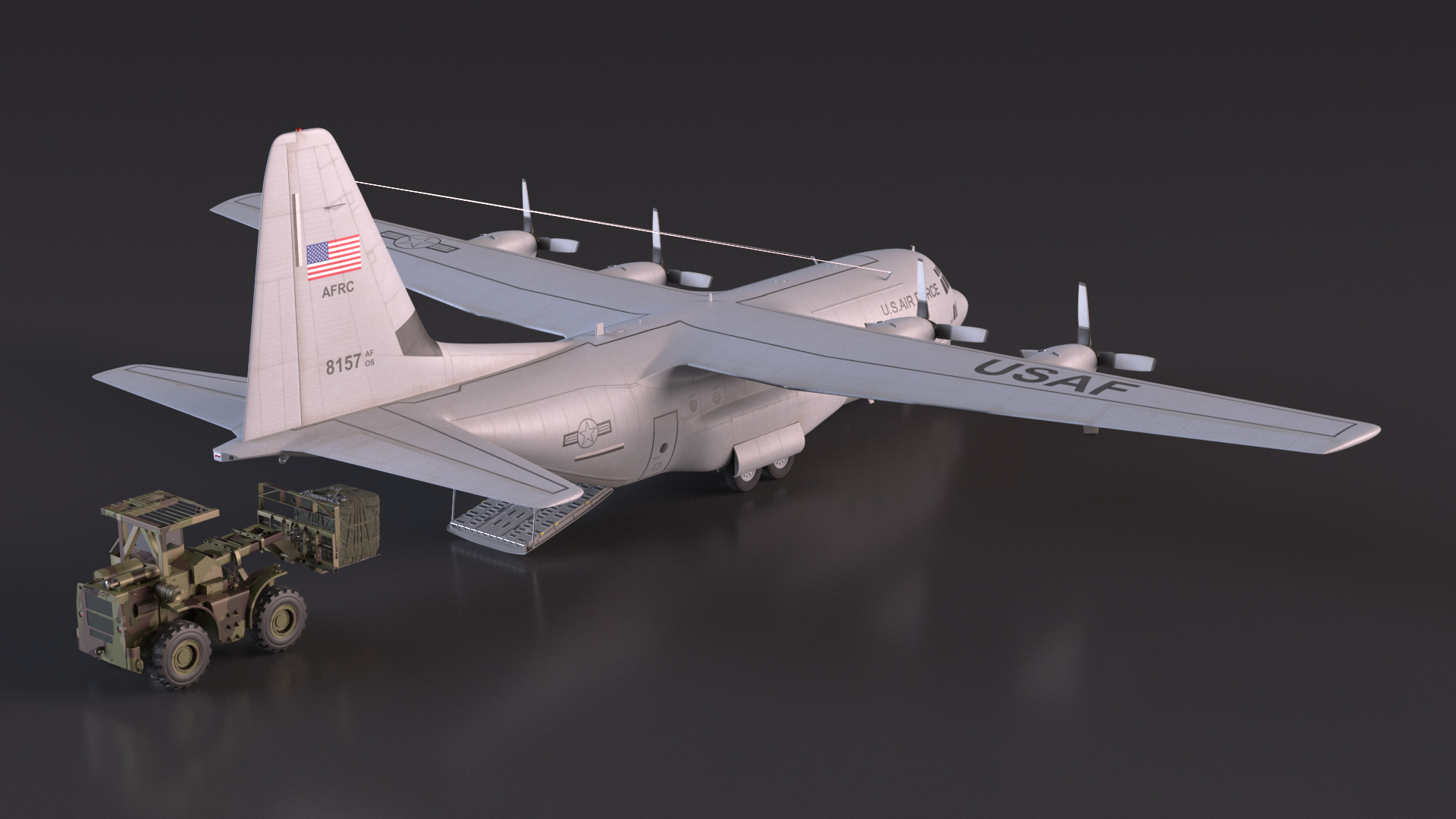 3D Forklift Loads Cargo to the Lockheed C 130 Hercules Rigged model