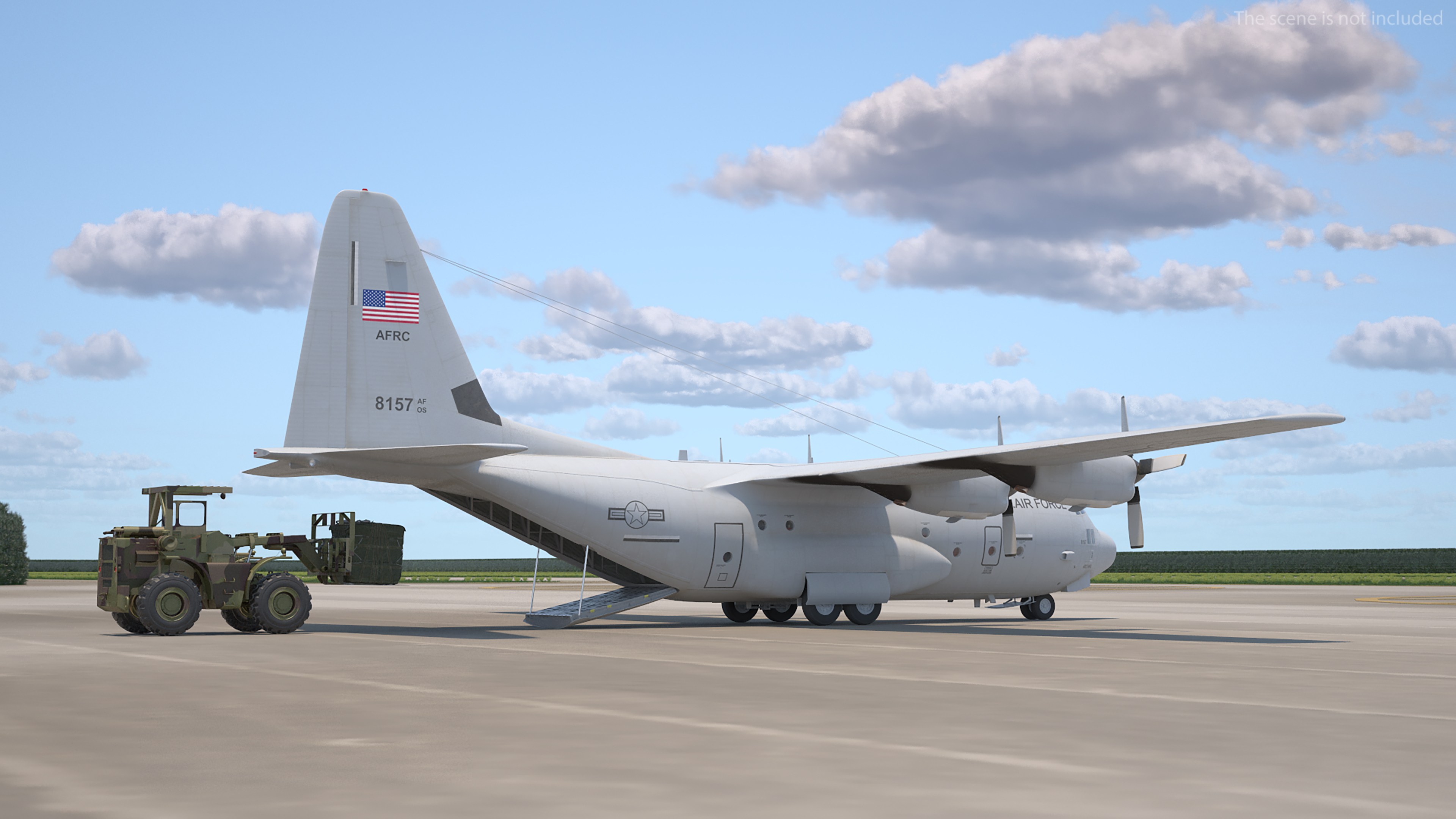 3D Forklift Loads Cargo to the Lockheed C 130 Hercules Rigged model