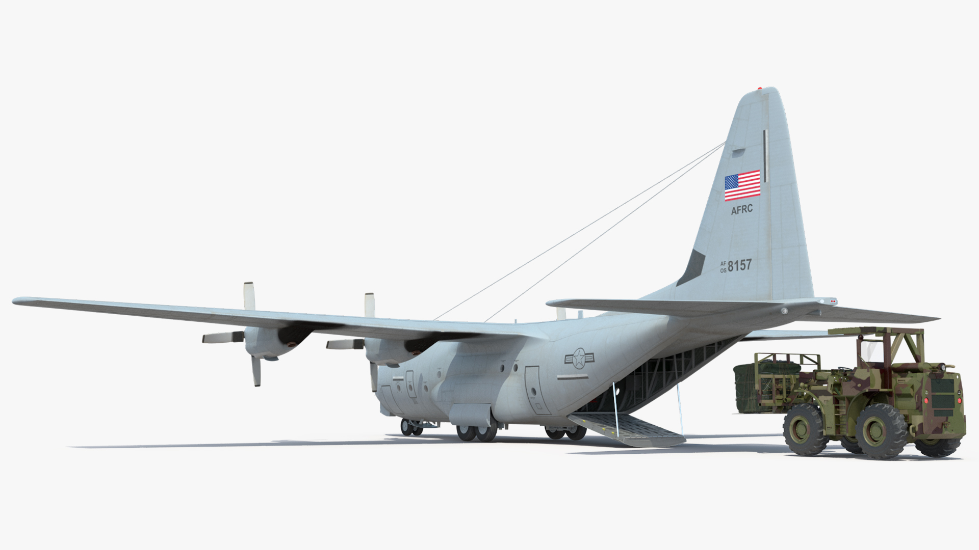 3D Forklift Loads Cargo to the Lockheed C 130 Hercules Rigged model
