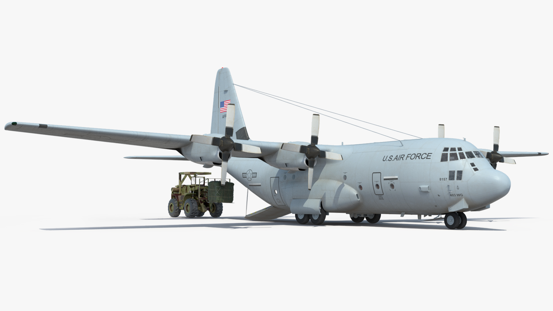 3D Forklift Loads Cargo to the Lockheed C 130 Hercules Rigged model