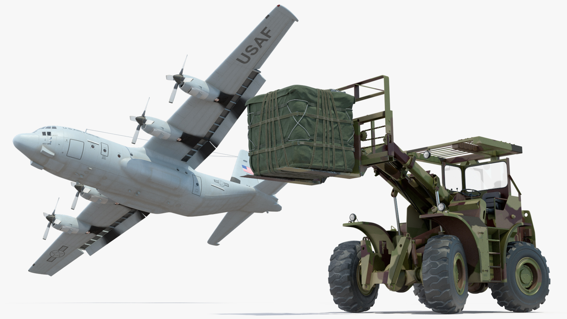 3D Forklift Loads Cargo to the Lockheed C 130 Hercules Rigged model