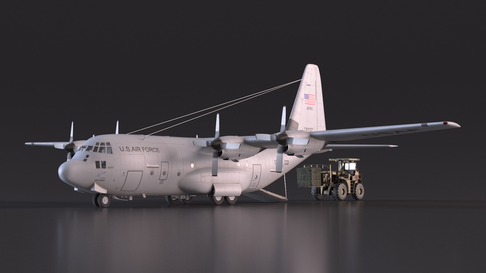 3D Forklift Loads Cargo to the Lockheed C 130 Hercules Rigged model