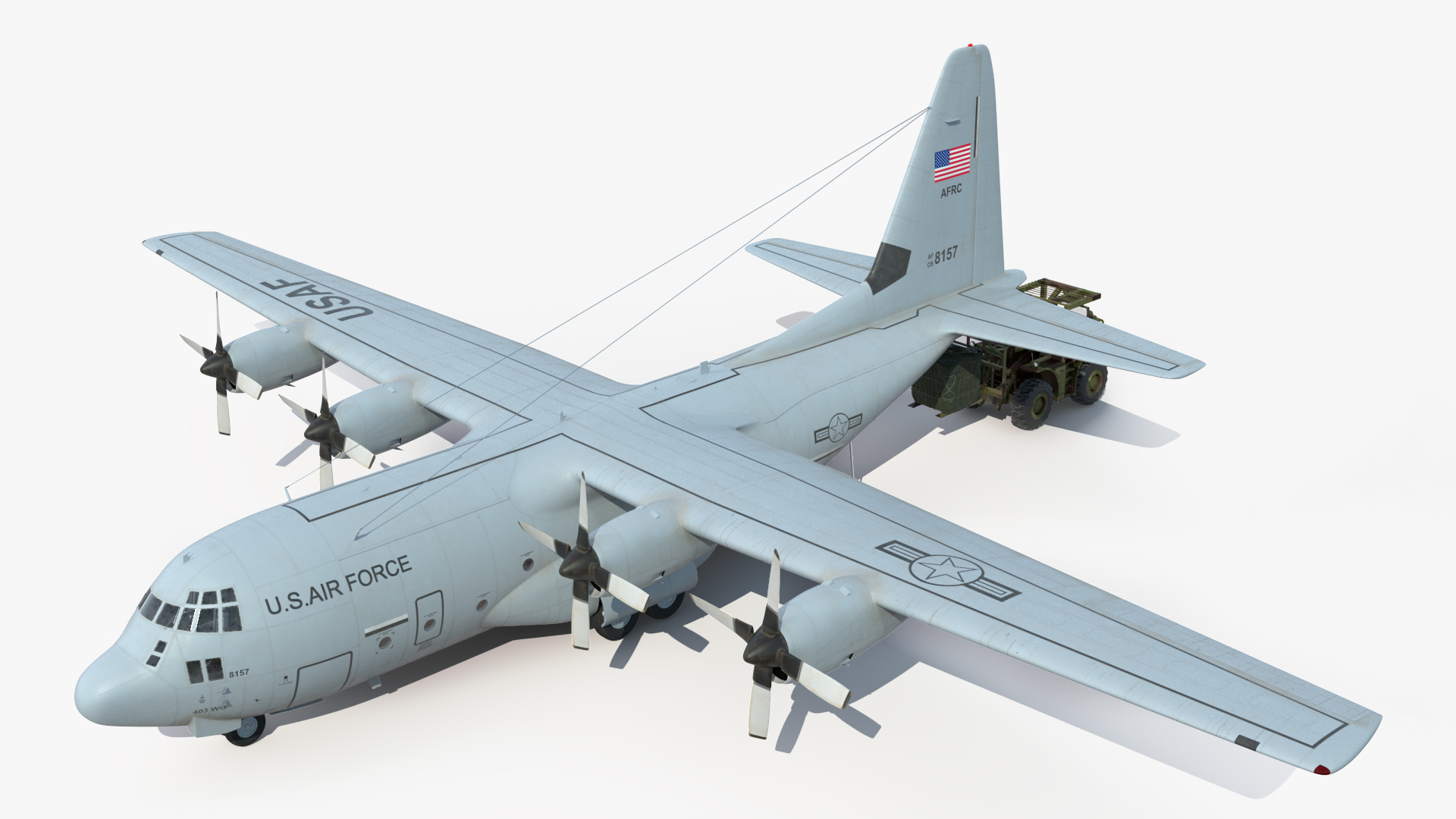 3D Forklift Loads Cargo to the Lockheed C 130 Hercules Rigged model