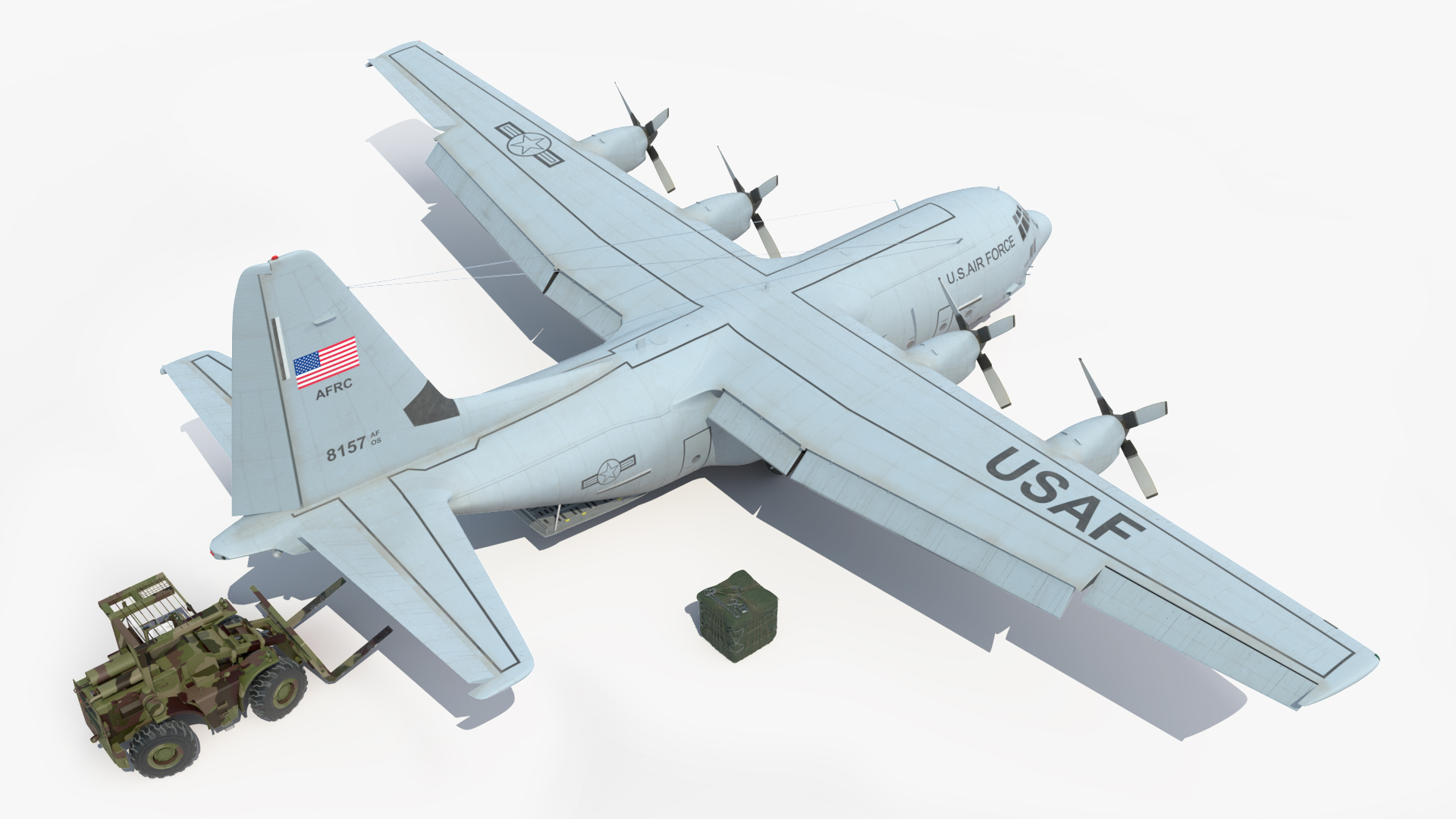 3D Forklift Loads Cargo to the Lockheed C 130 Hercules Rigged model