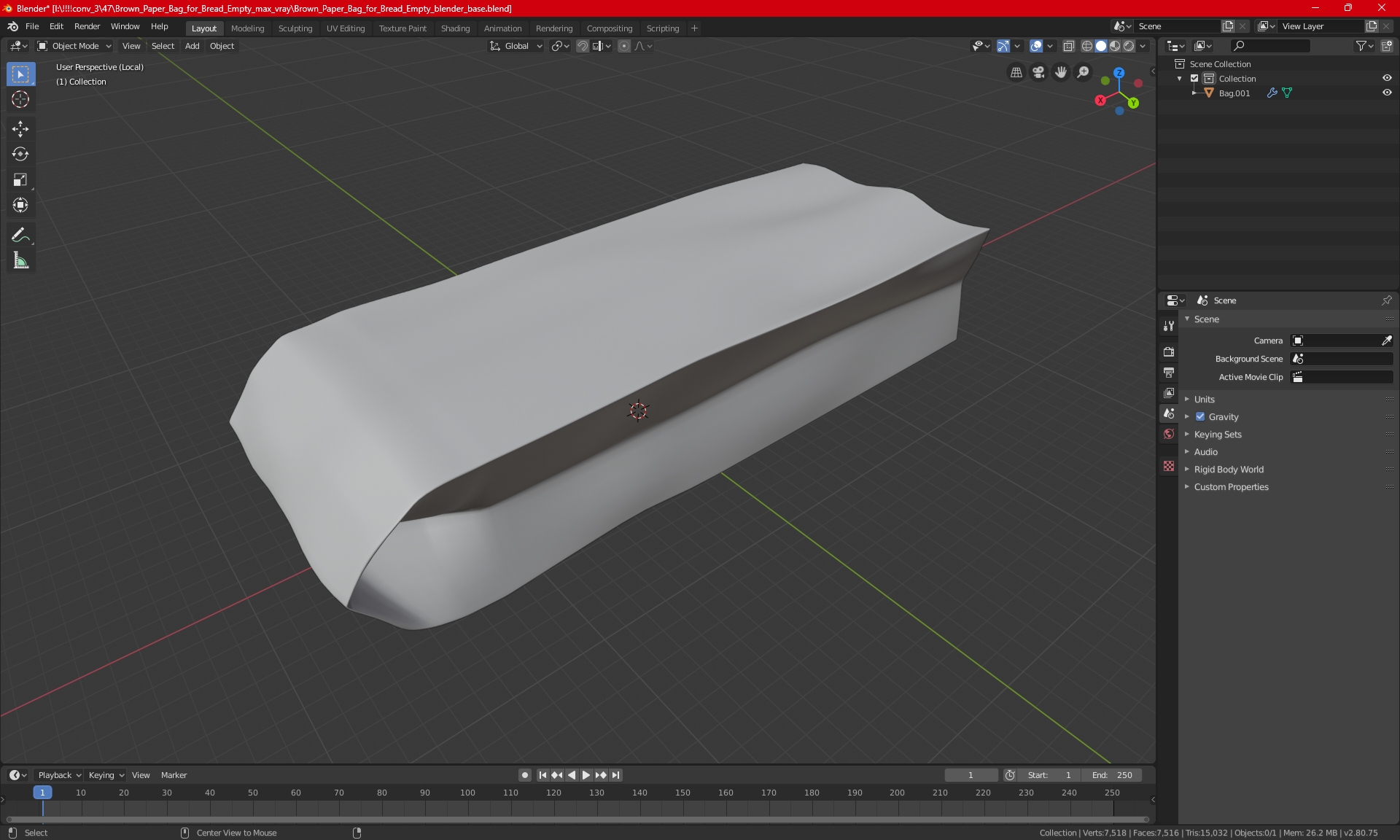3D Brown Paper Bag for Bread Empty
