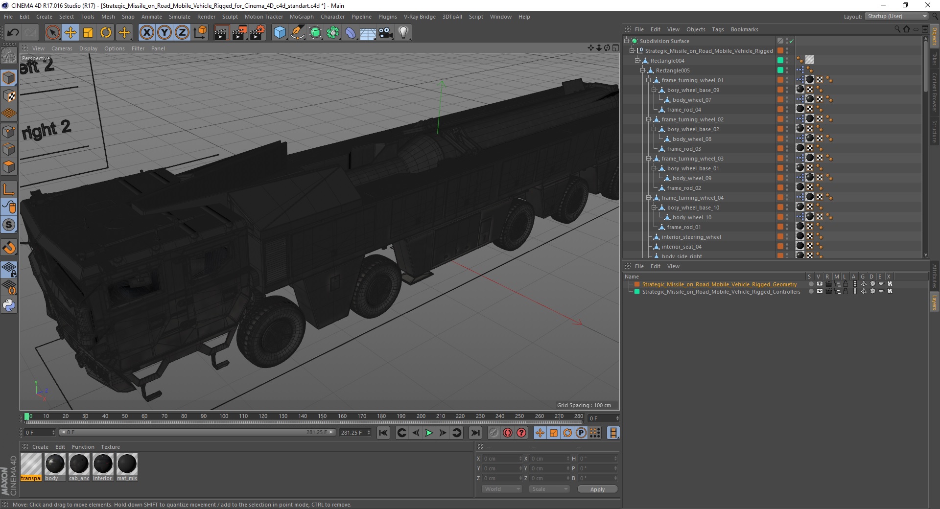 3D Strategic Missile on Road Mobile Vehicle Rigged for Cinema 4D