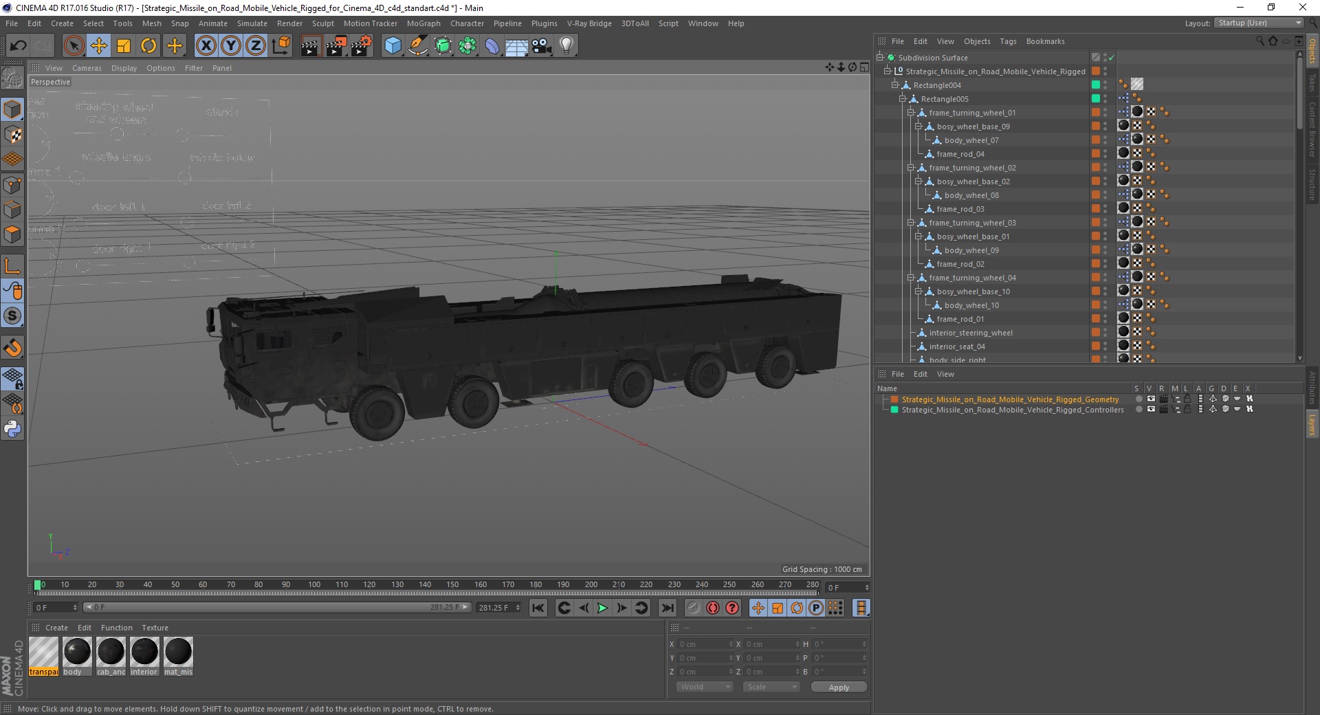 3D Strategic Missile on Road Mobile Vehicle Rigged for Cinema 4D
