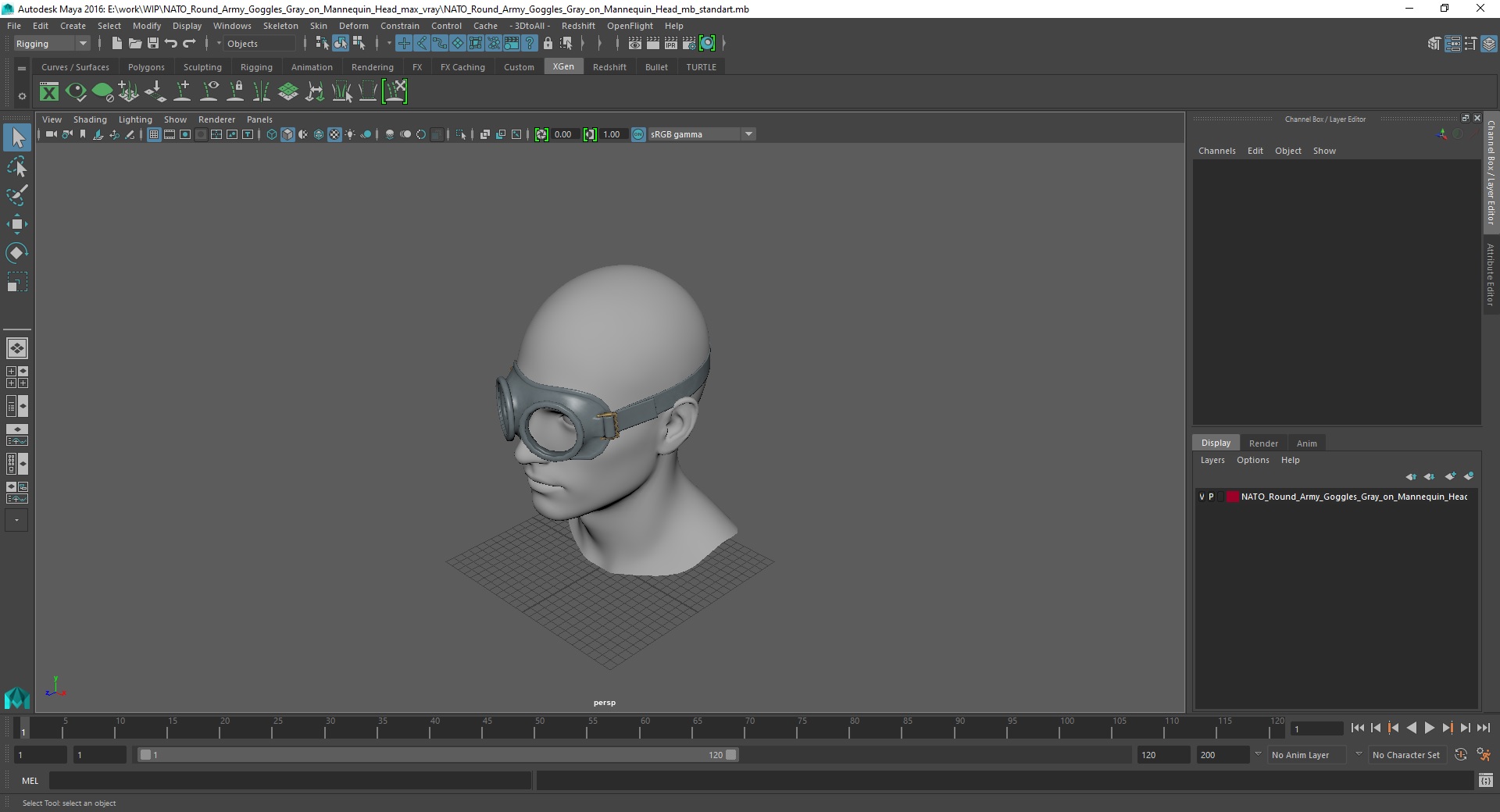 3D NATO Round Army Goggles Gray on Mannequin Head
