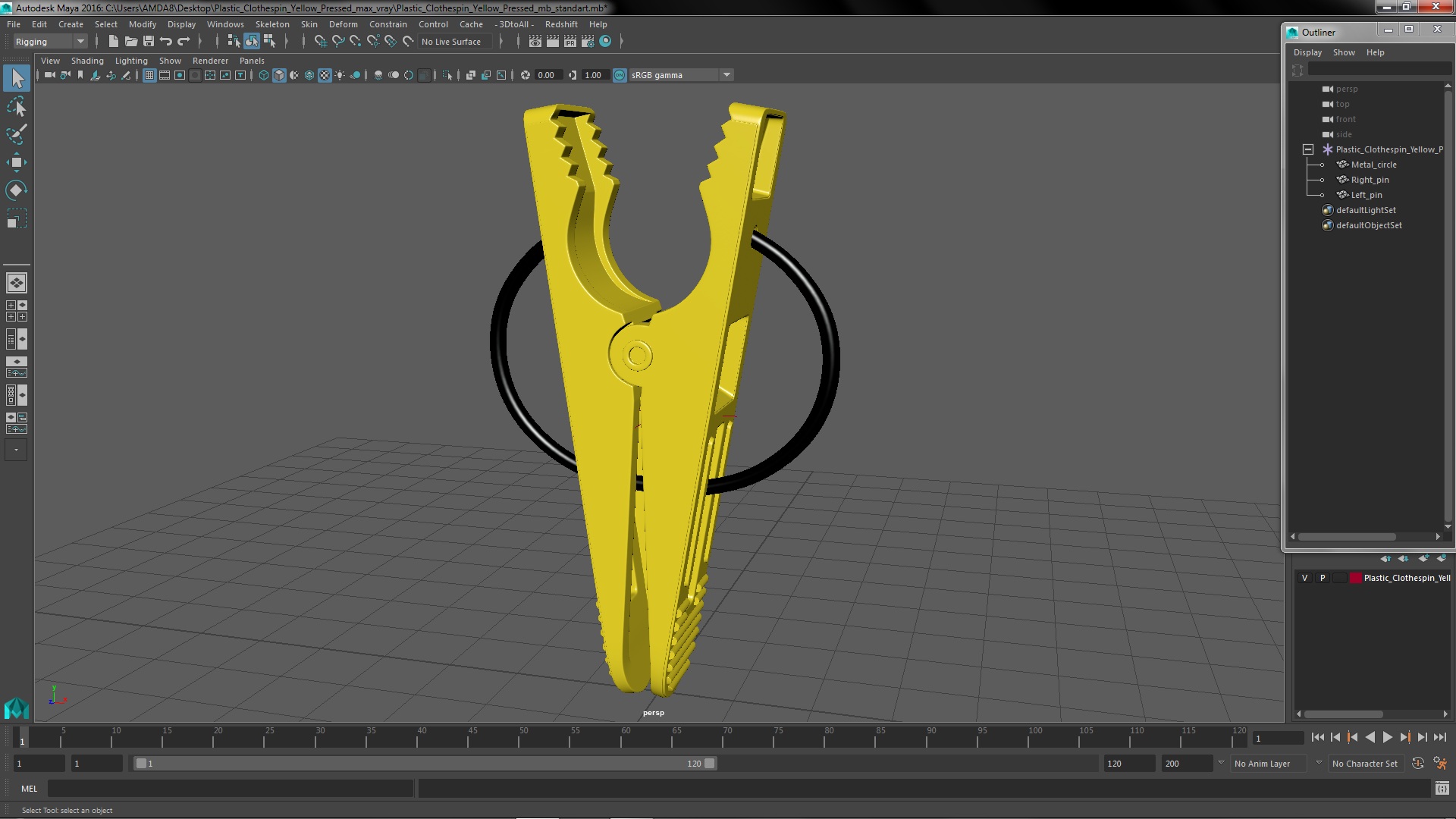 3D Plastic Clothespin Yellow Pressed model