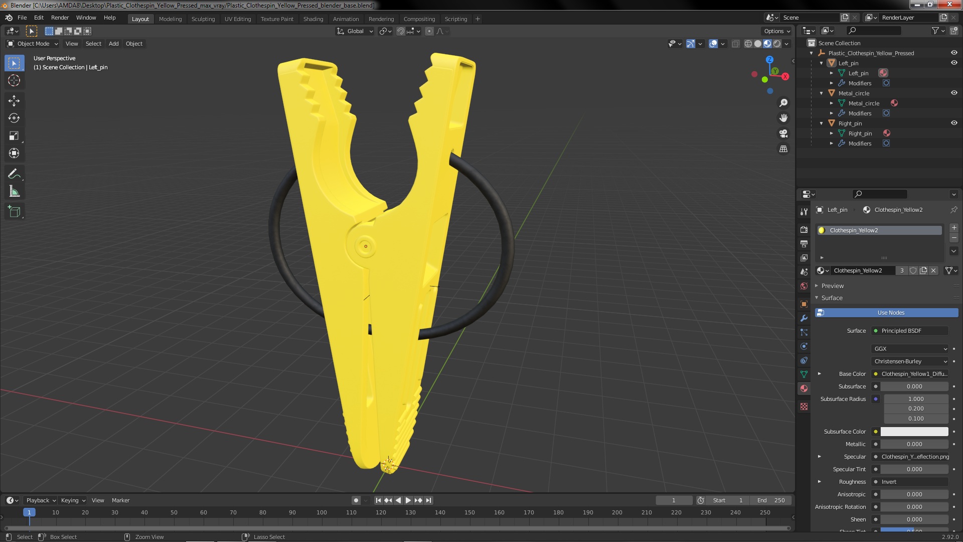 3D Plastic Clothespin Yellow Pressed model