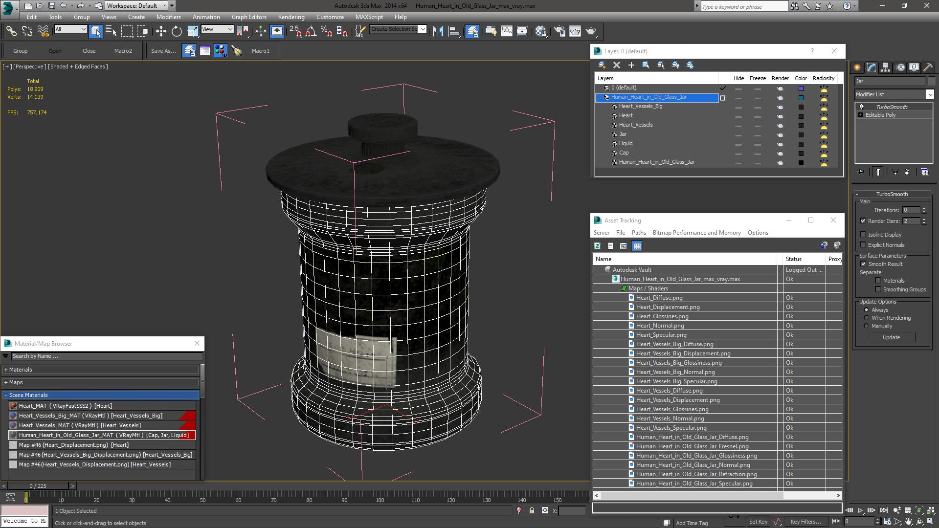 3D Human Heart in Old Glass Jar model