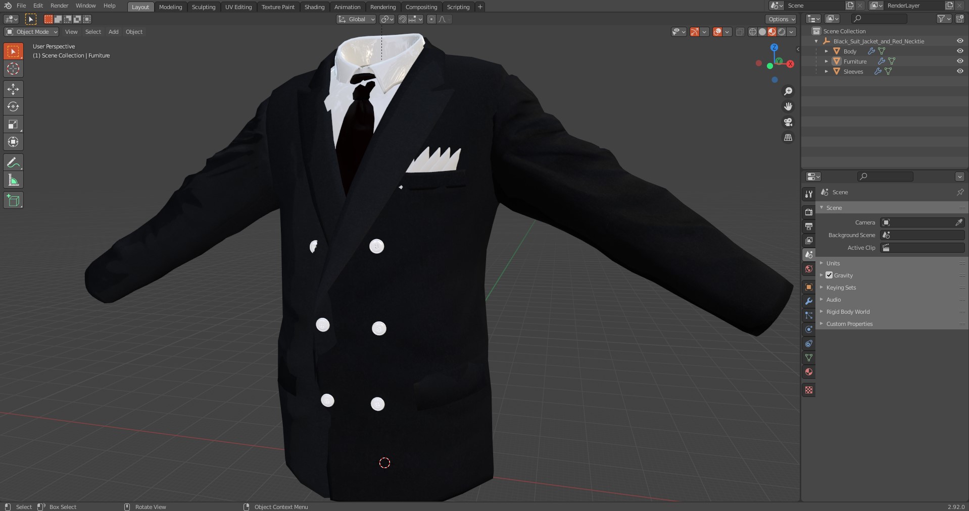 3D Black Suit Jacket and Red Necktie model