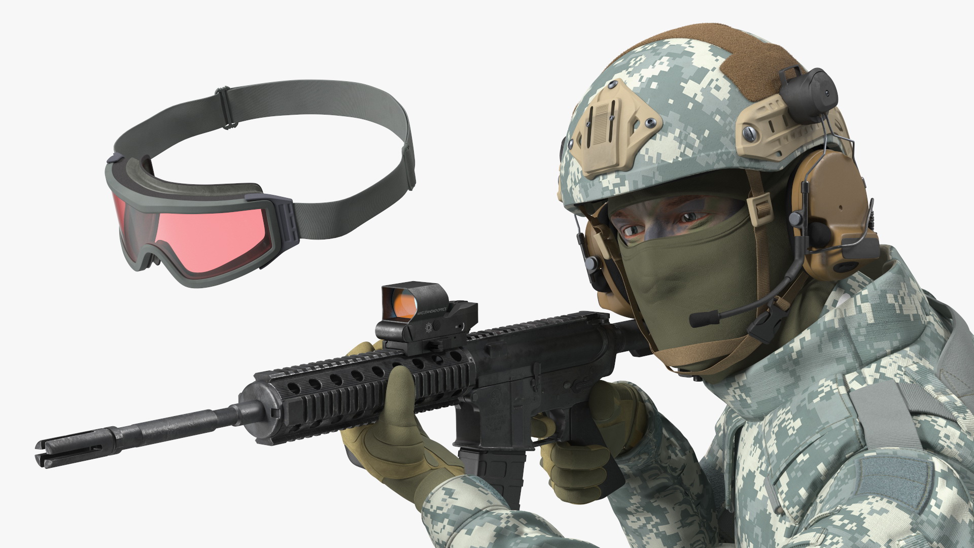 Army Soldier in Grey Camo with Goggles Aiming Fur 3D model