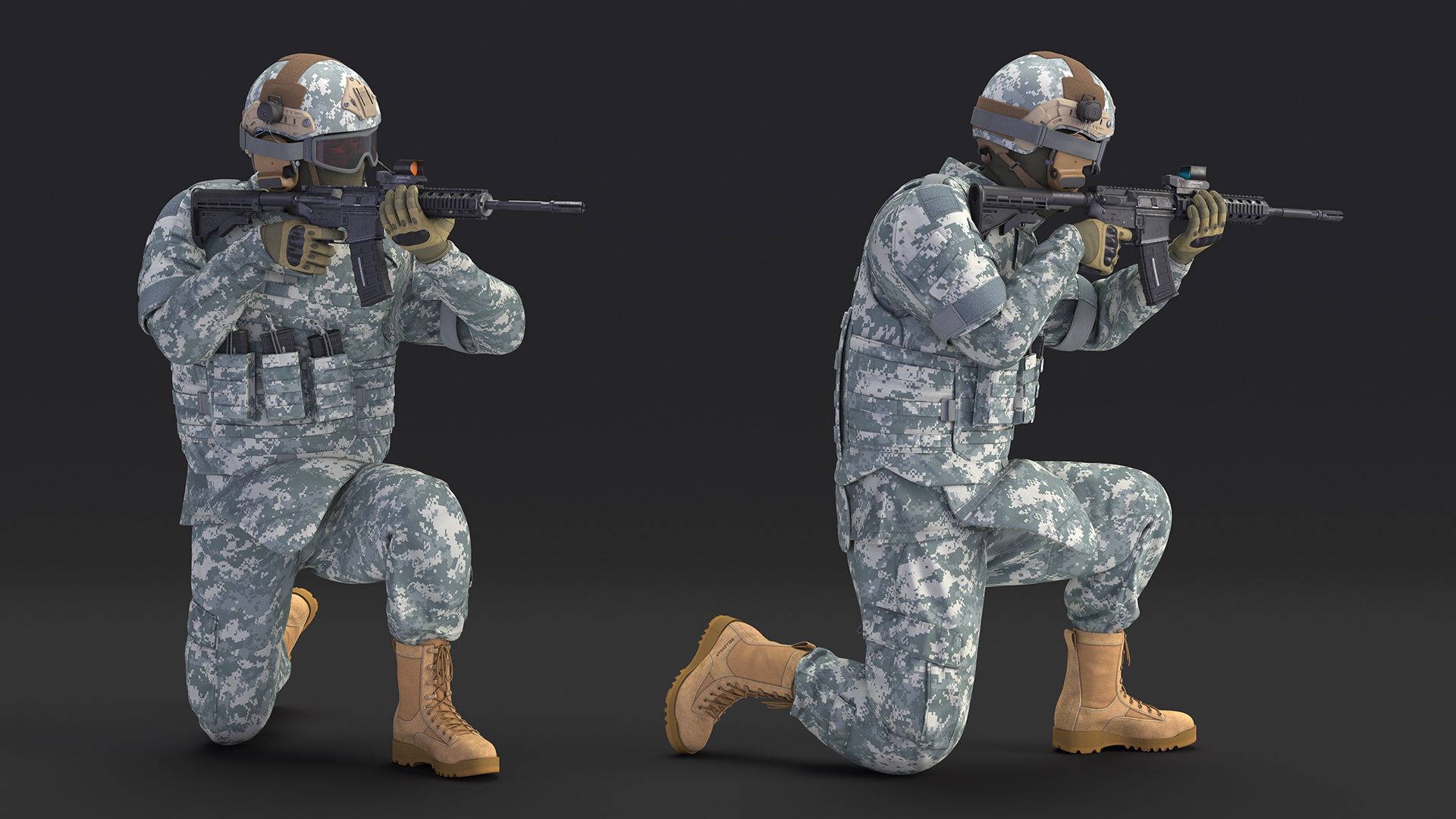 Army Soldier in Grey Camo with Goggles Aiming Fur 3D model