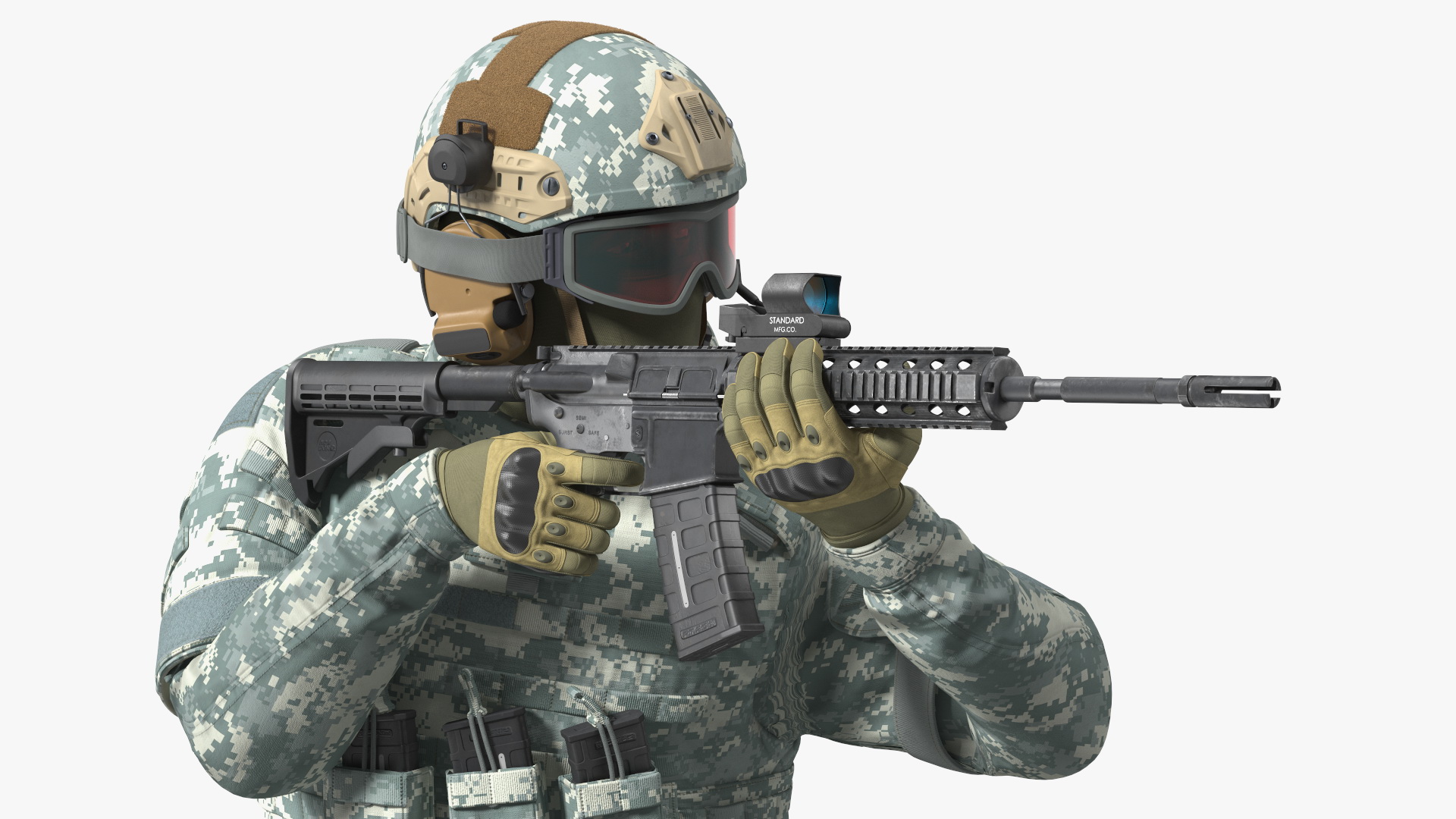 Army Soldier in Grey Camo with Goggles Aiming Fur 3D model