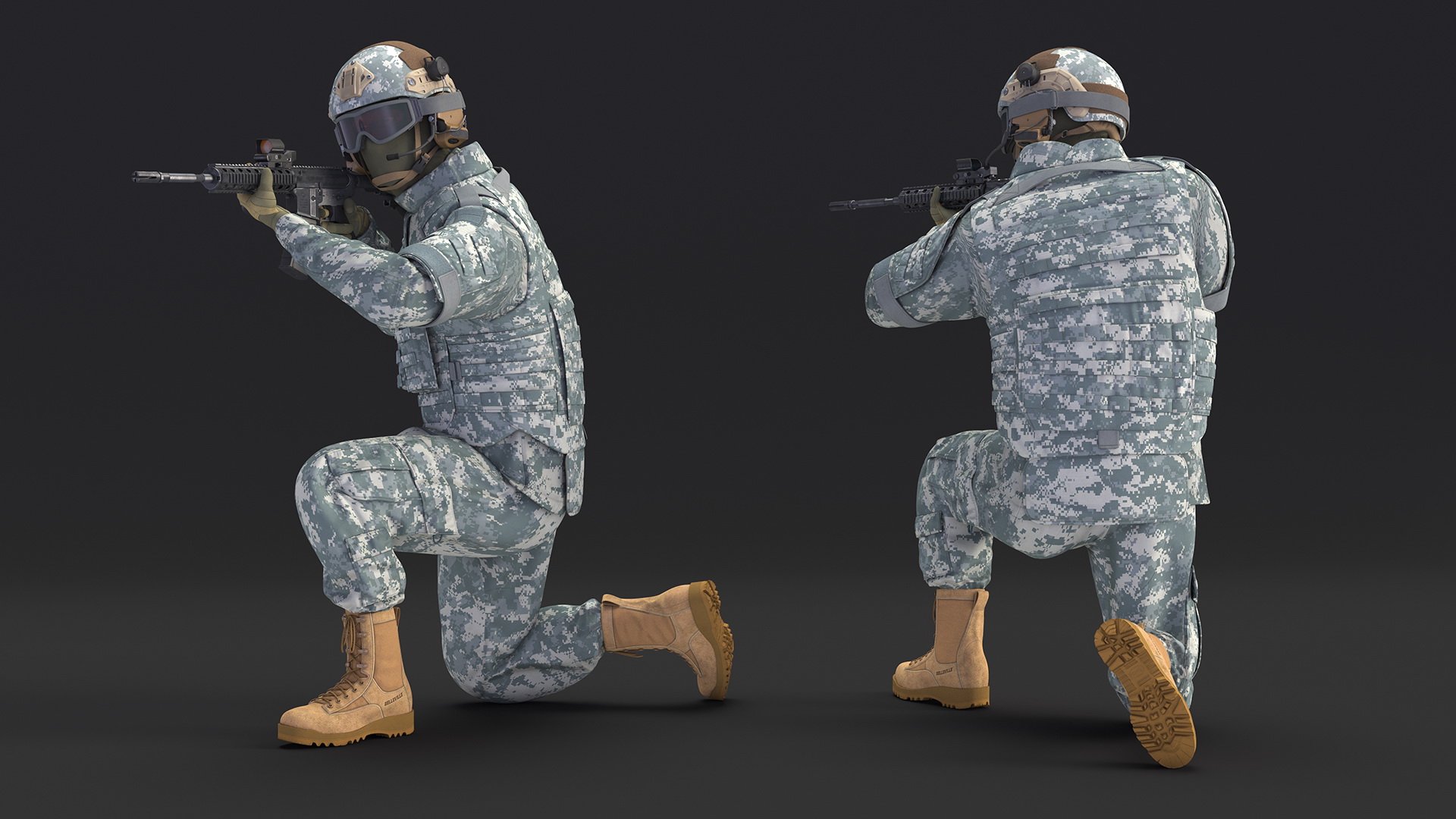 Army Soldier in Grey Camo with Goggles Aiming Fur 3D model