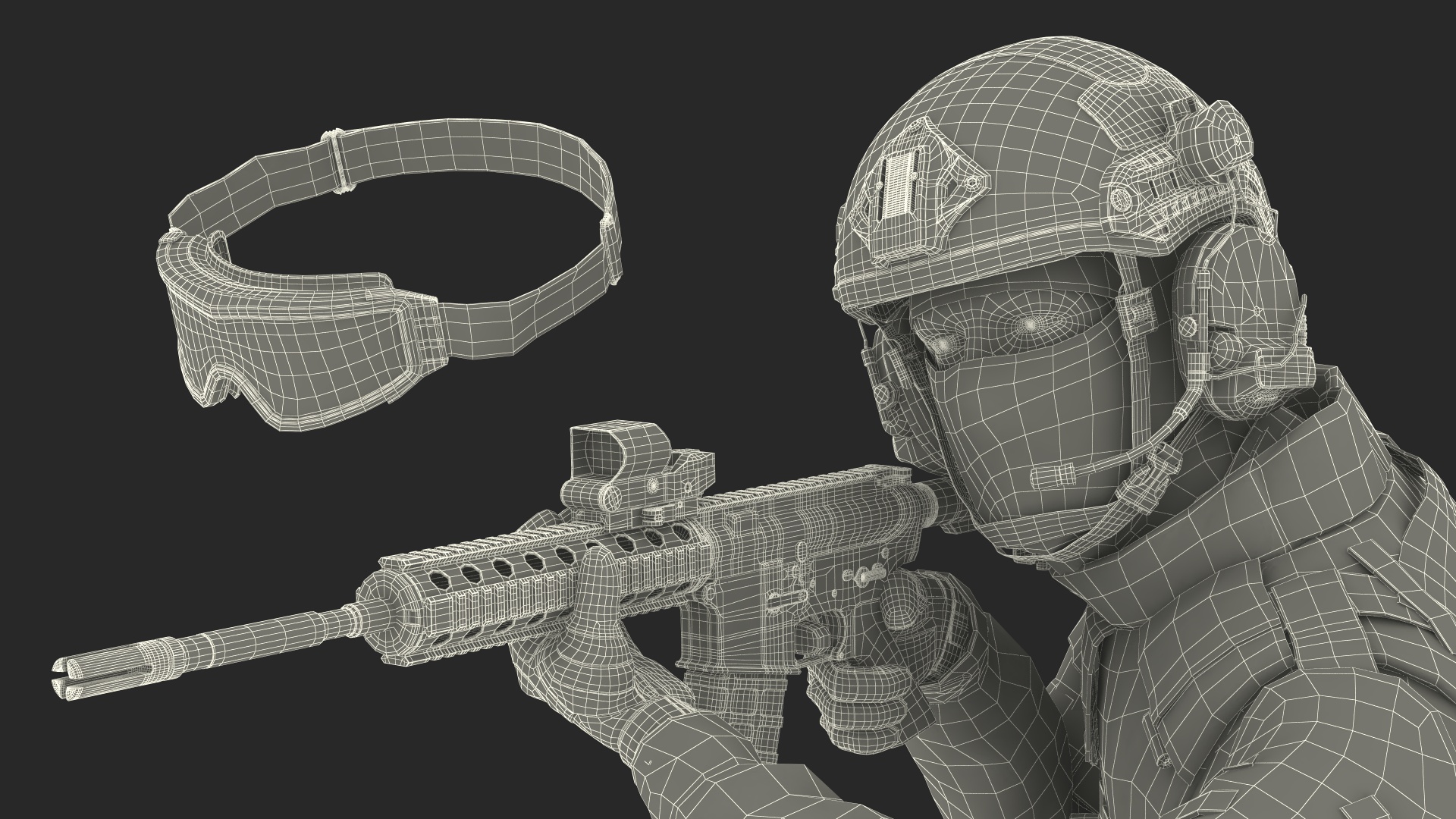 Army Soldier in Grey Camo with Goggles Aiming Fur 3D model