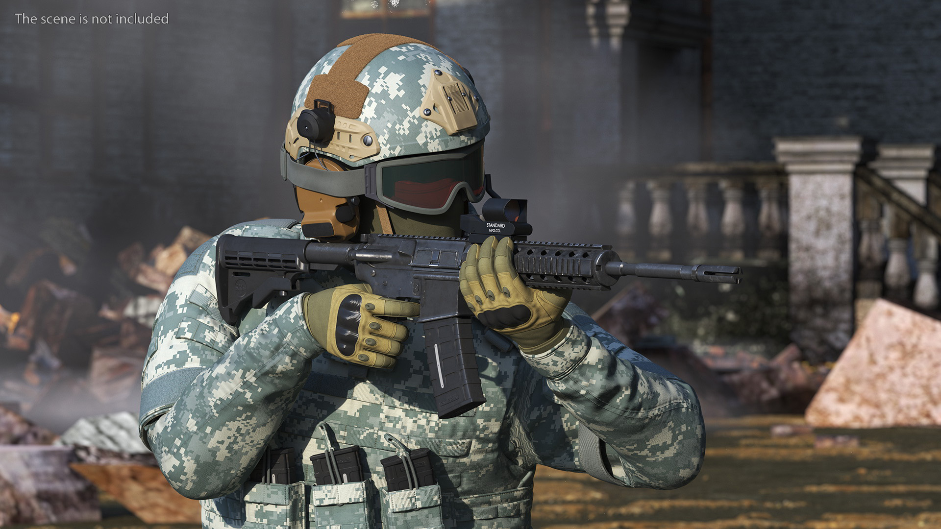Army Soldier in Grey Camo with Goggles Aiming Fur 3D model