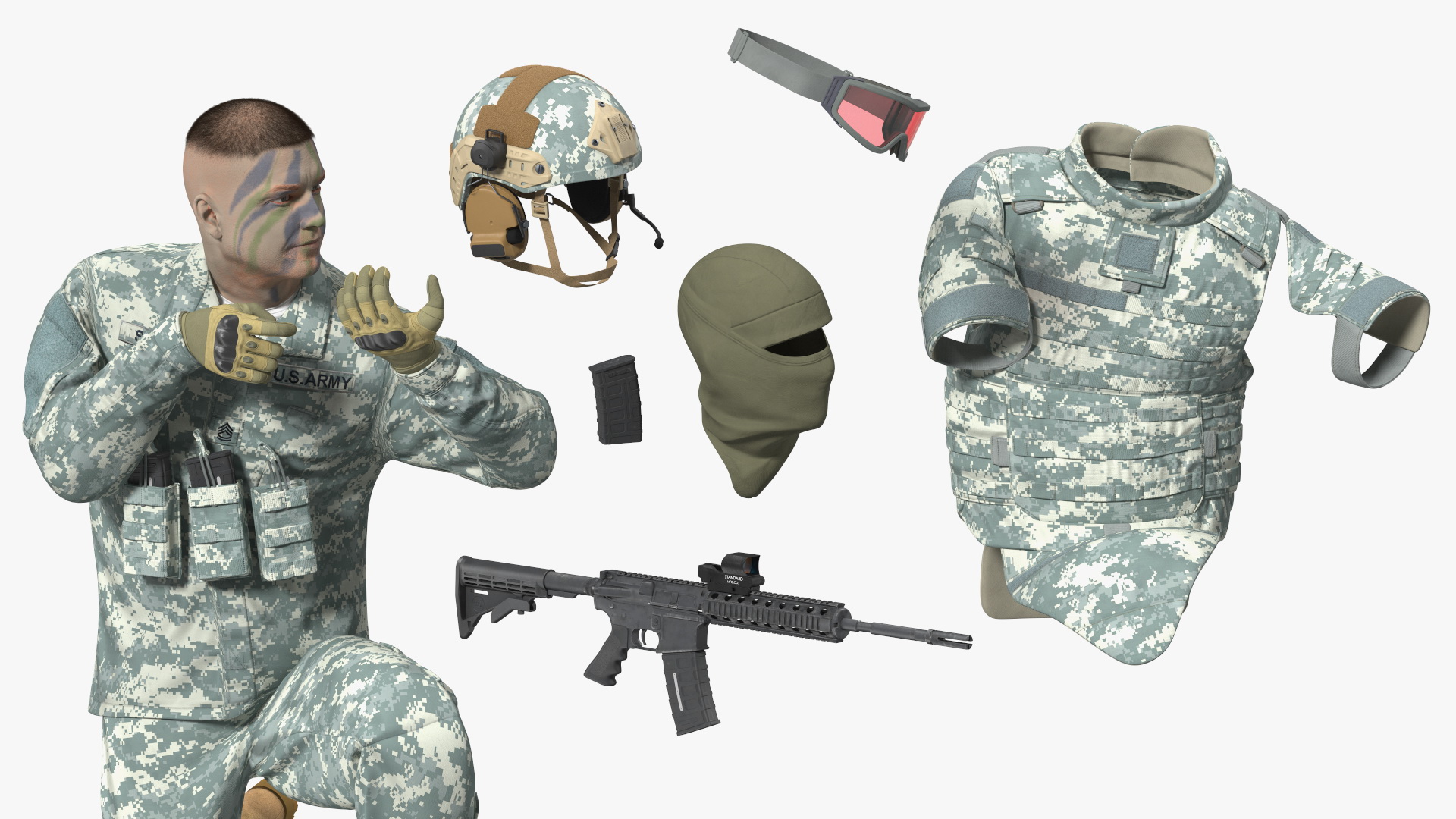 Army Soldier in Grey Camo with Goggles Aiming Fur 3D model