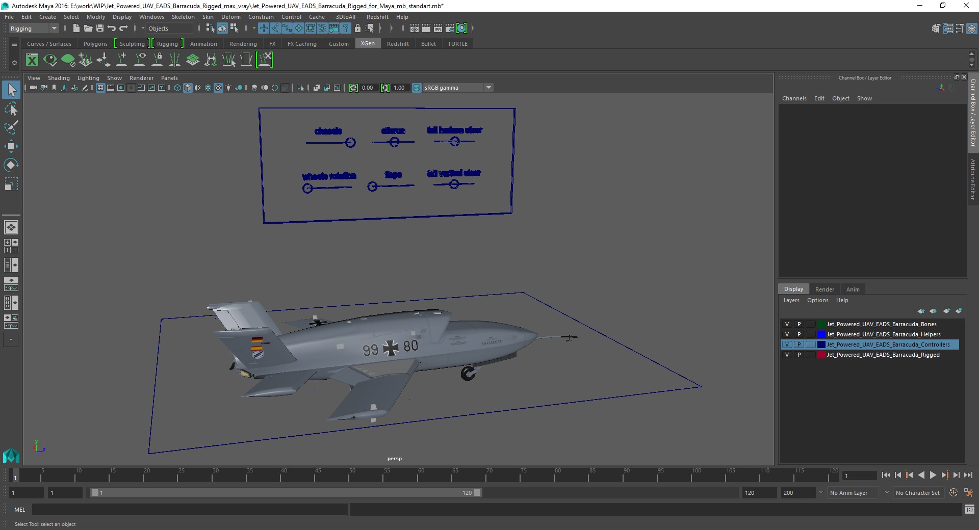 3D Jet Powered UAV EADS Barracuda Rigged for Maya