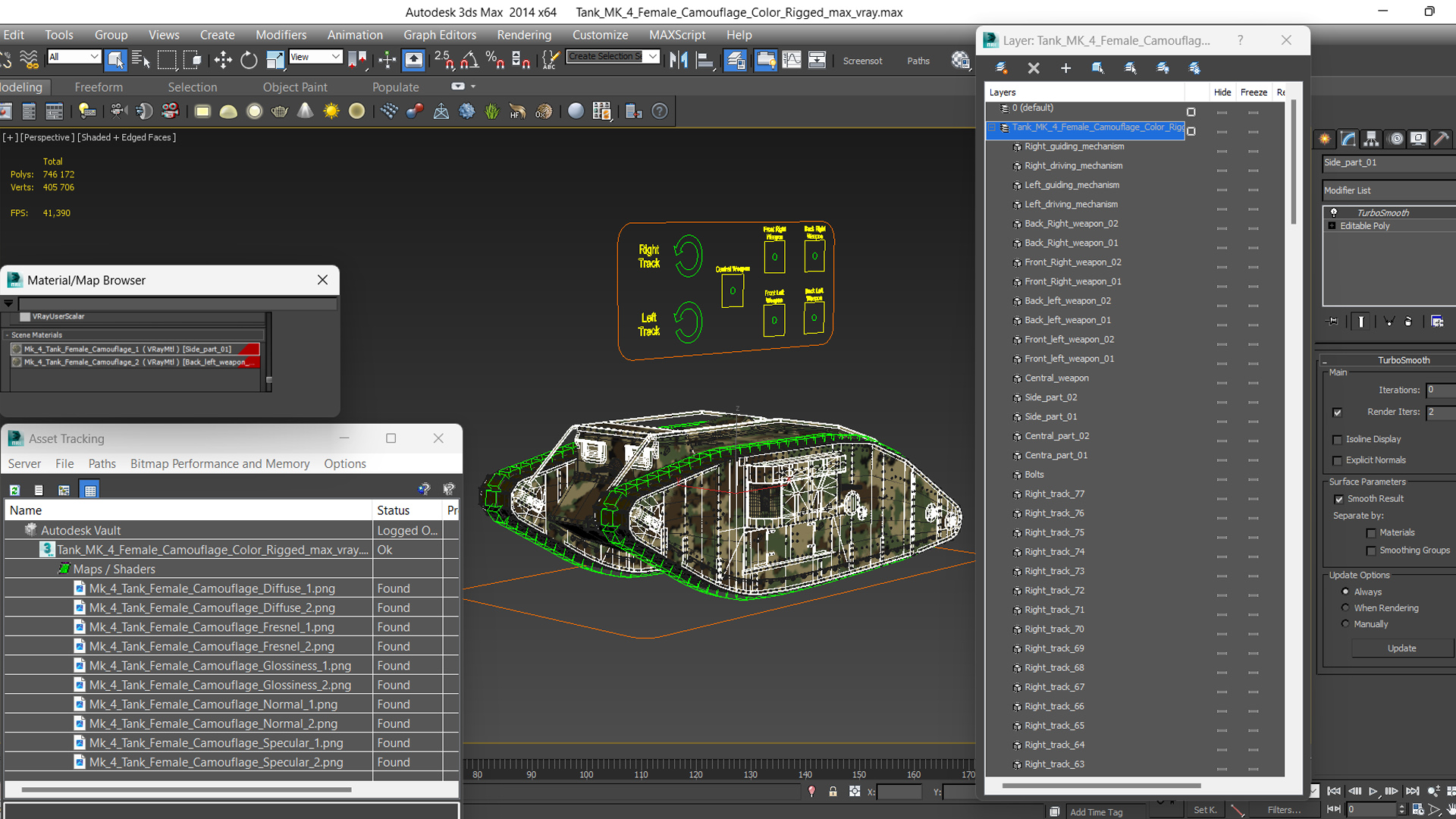 Tank MK 4 Female Camouflage Color Rigged for Maya 3D model