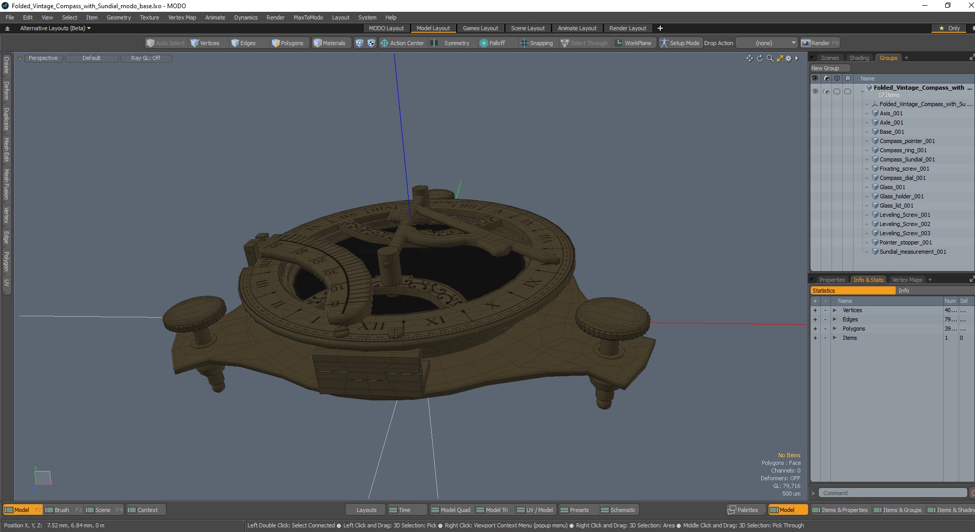 3D model Folded Vintage Compass with Sundial