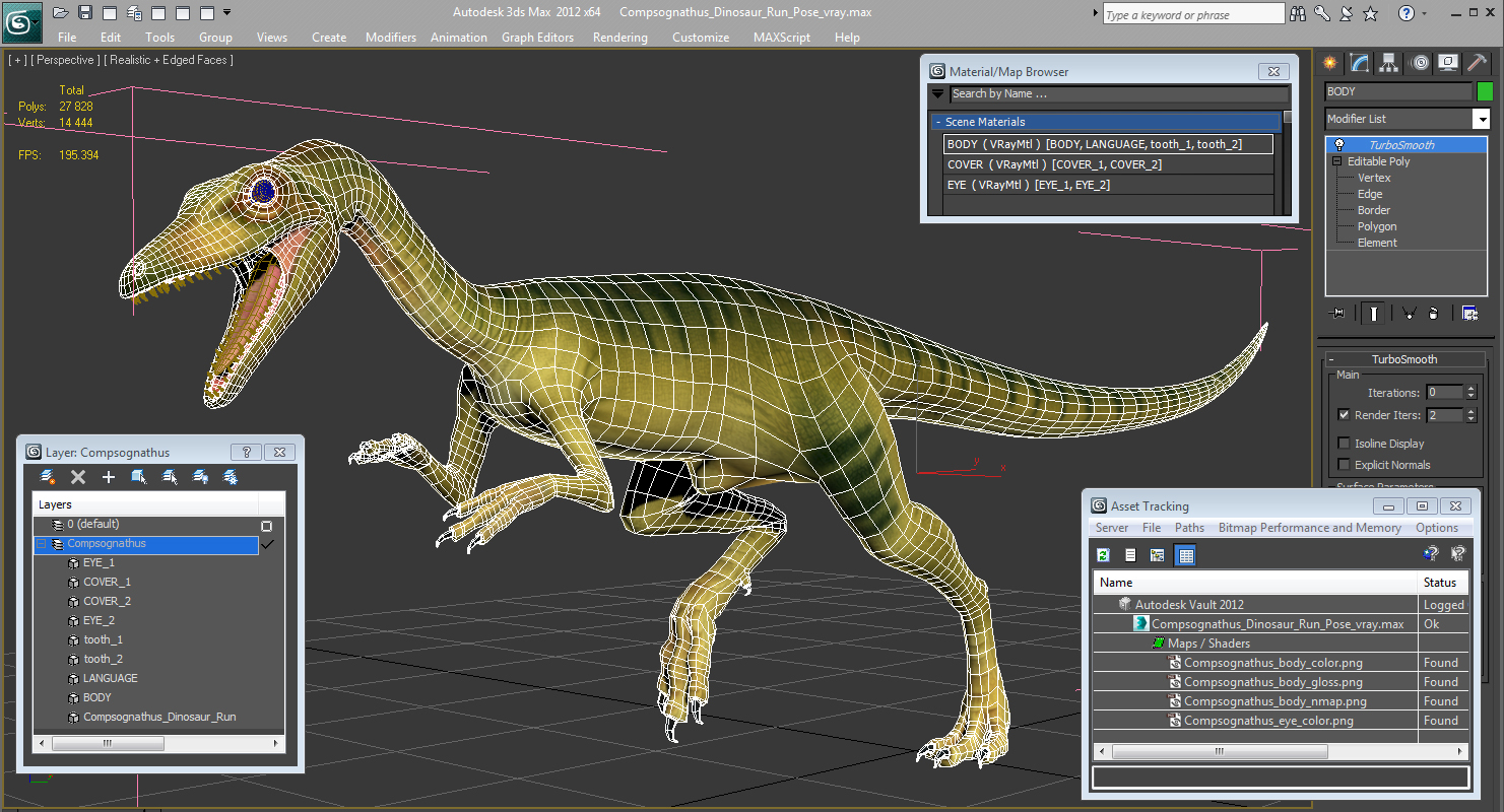 3D Compsognathus Dinosaur Run Pose