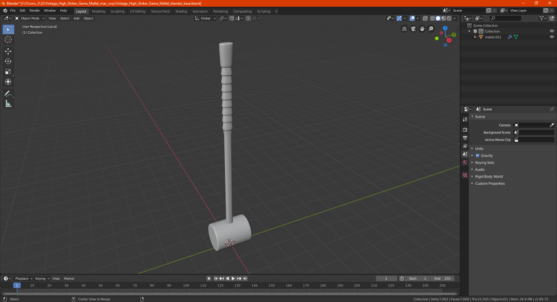 Vintage High Striker Game Mallet 3D