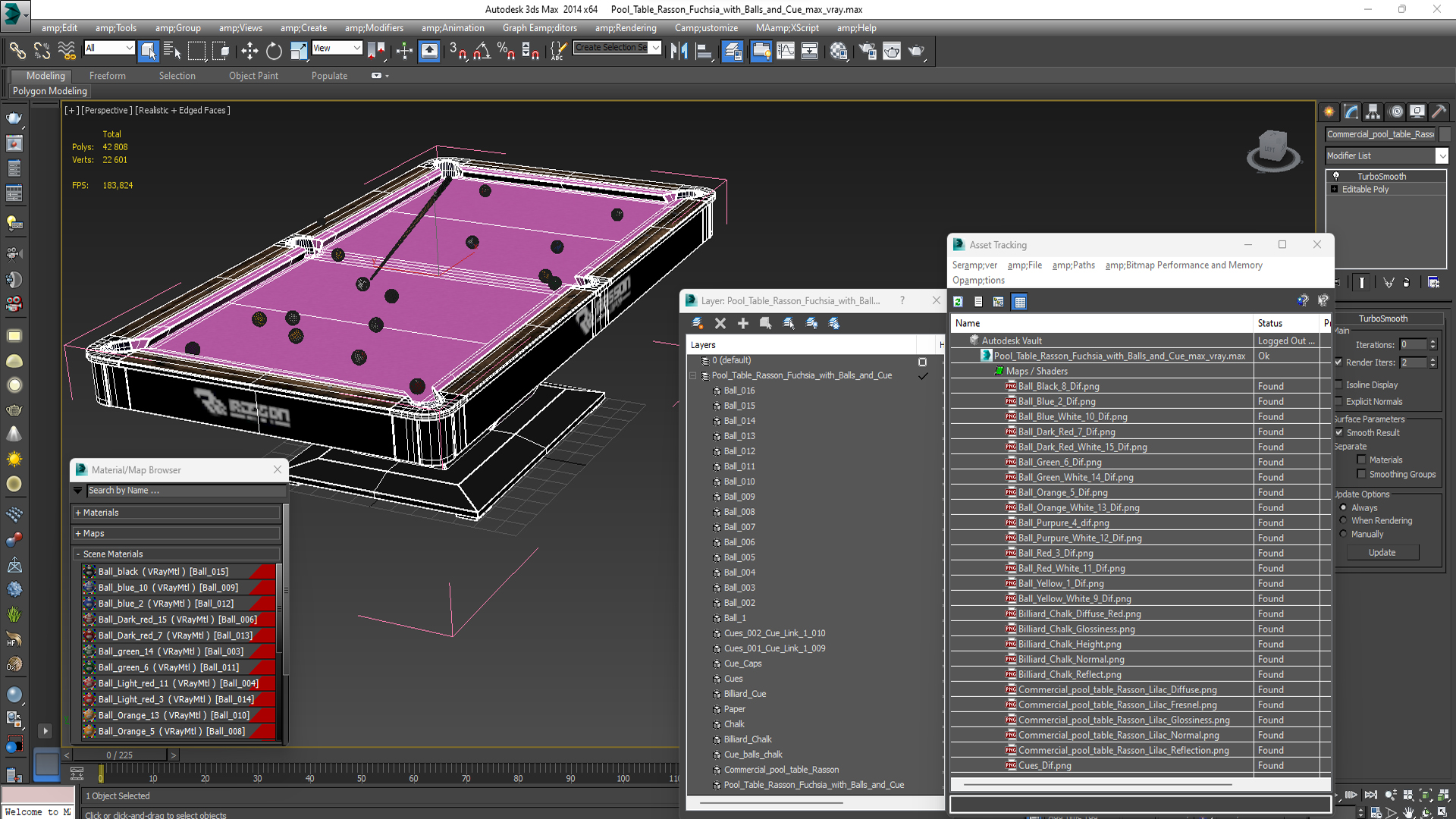 Pool Table Rasson Fuchsia with Balls and Cue 3D model