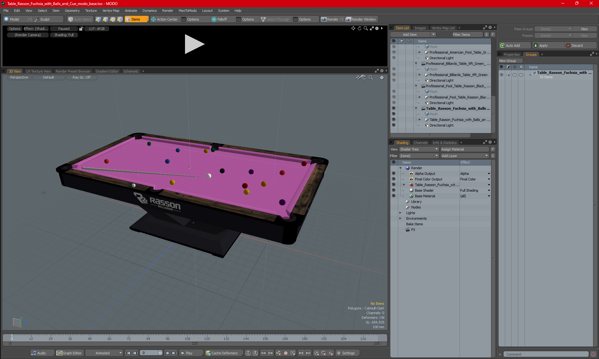 Pool Table Rasson Fuchsia with Balls and Cue 3D model