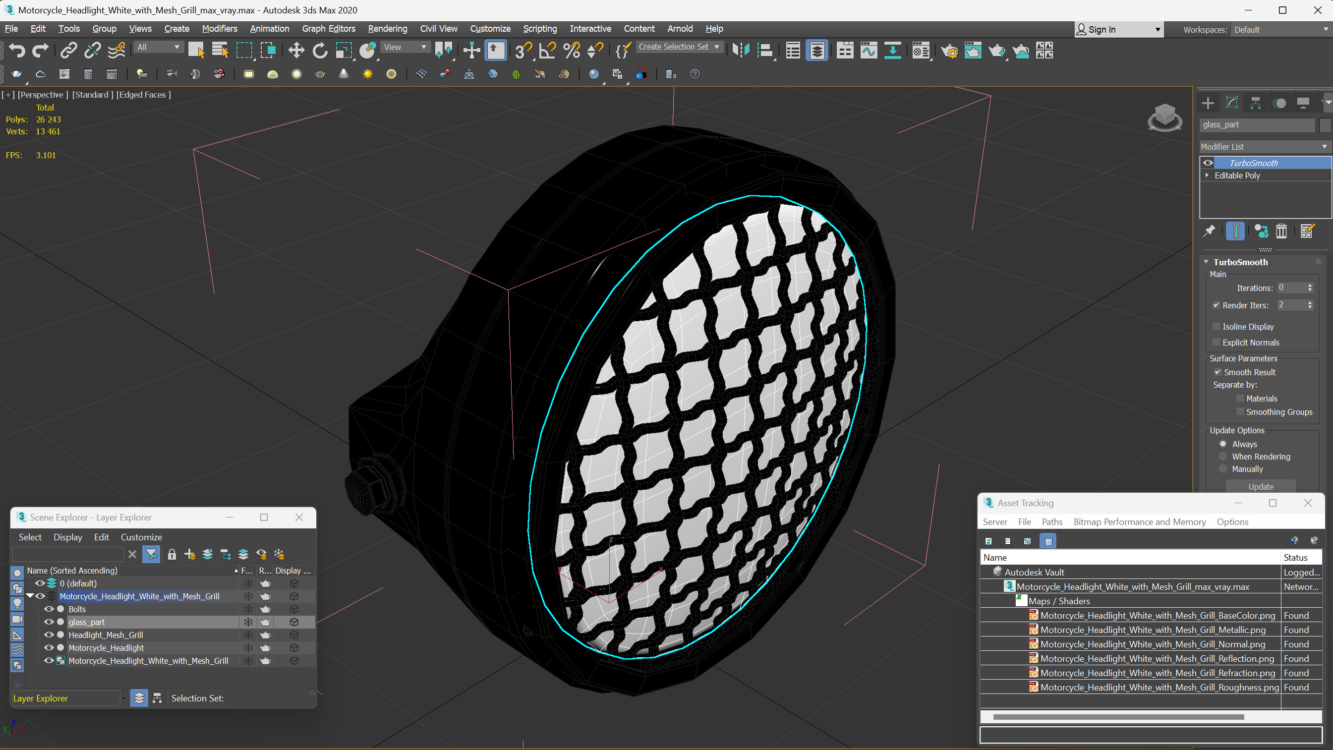 Motorcycle Headlight White with Mesh Grill 3D