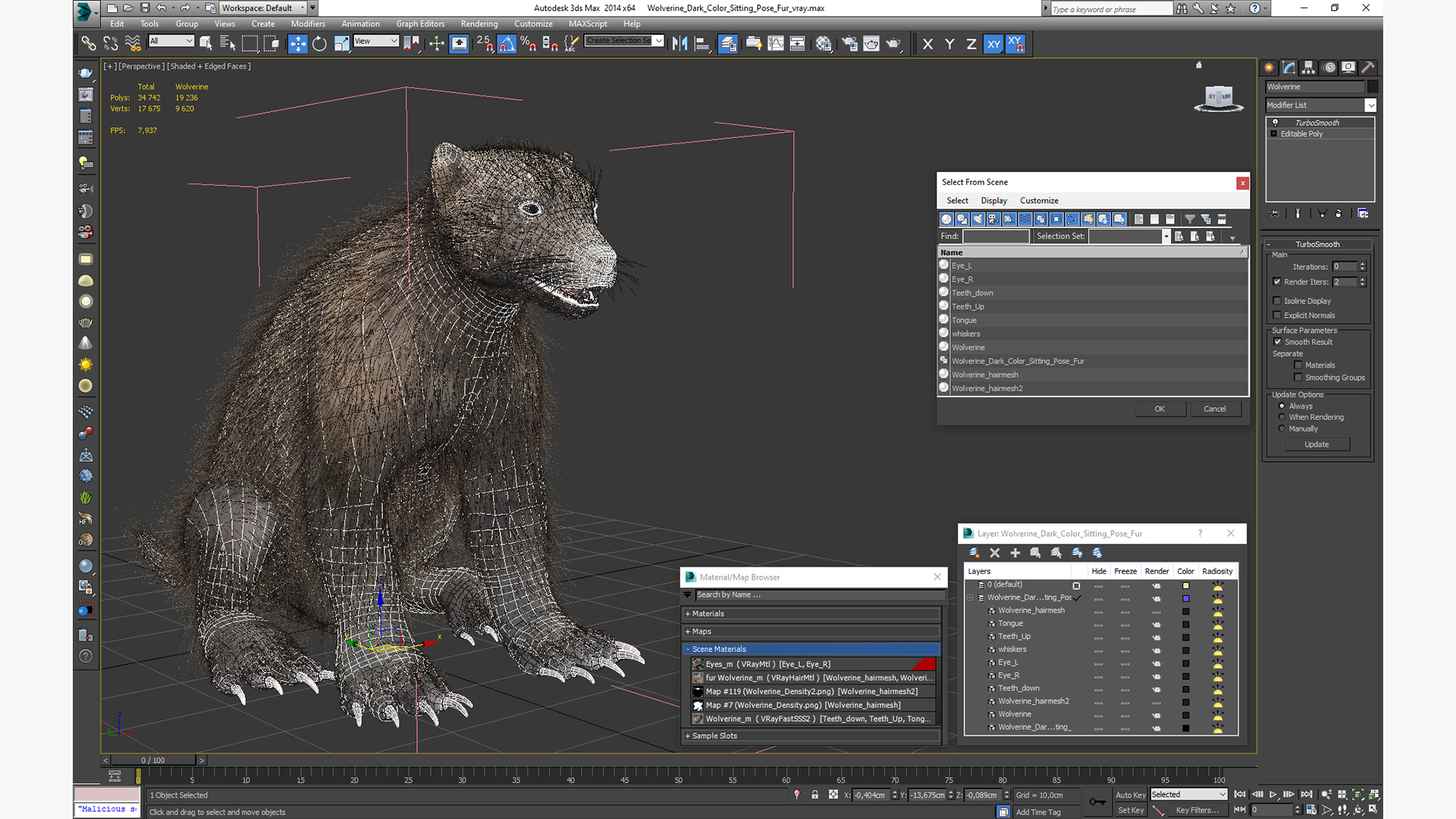 Wolverine Dark Color Sitting Pose Fur 3D