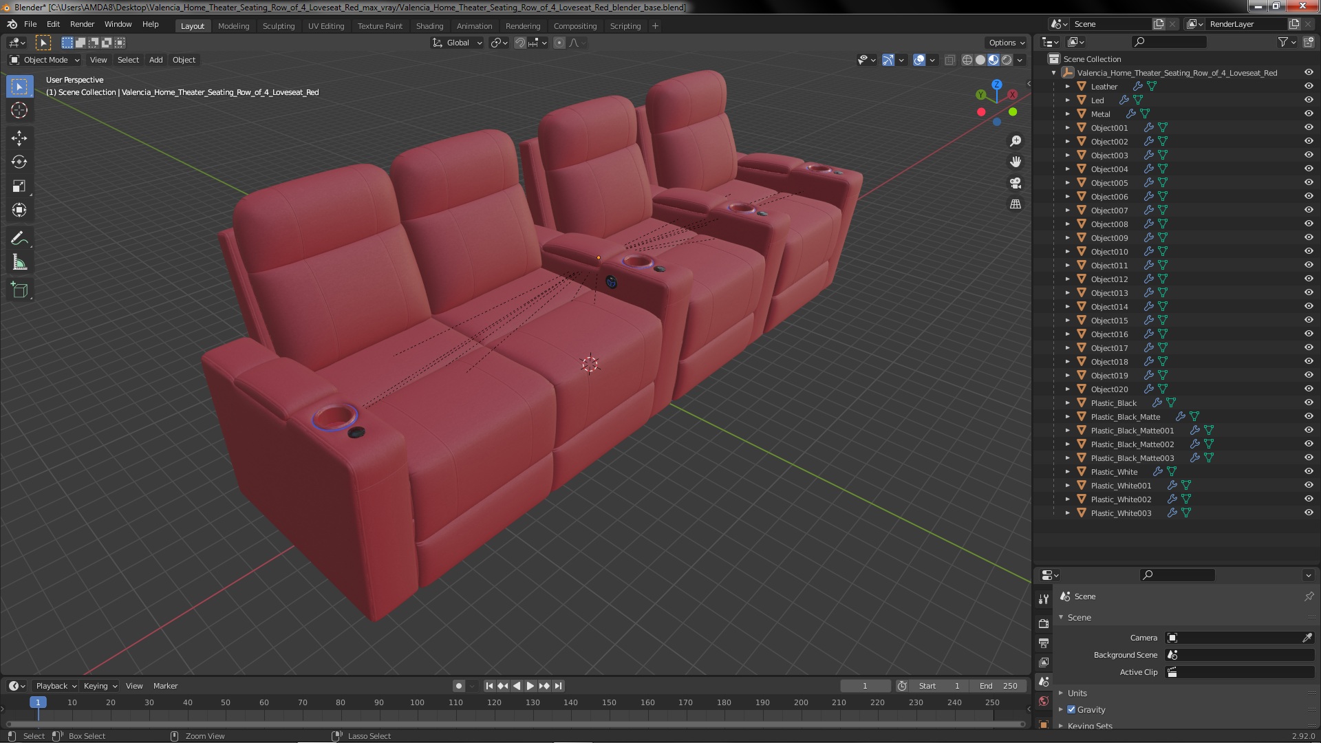 3D Valencia Home Theater Seating Row of 4 Loveseat Red