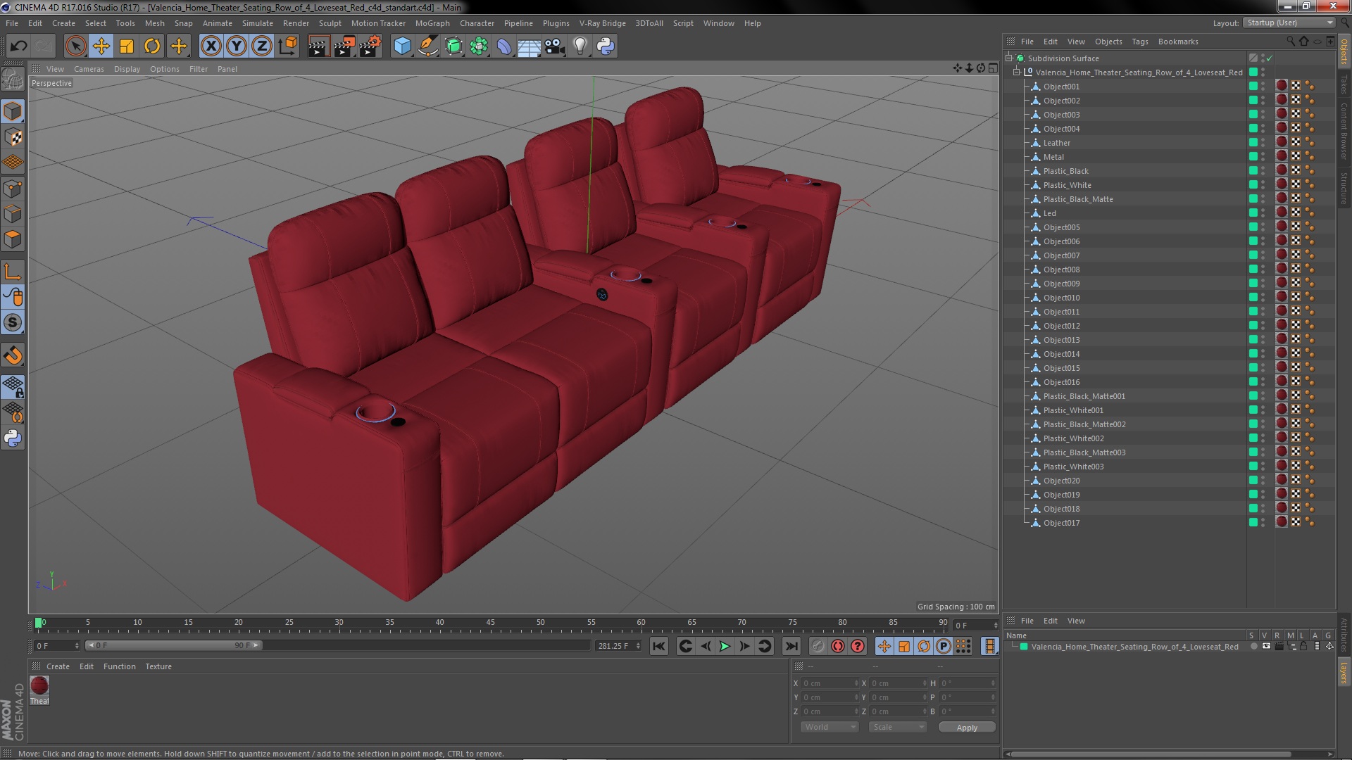 3D Valencia Home Theater Seating Row of 4 Loveseat Red