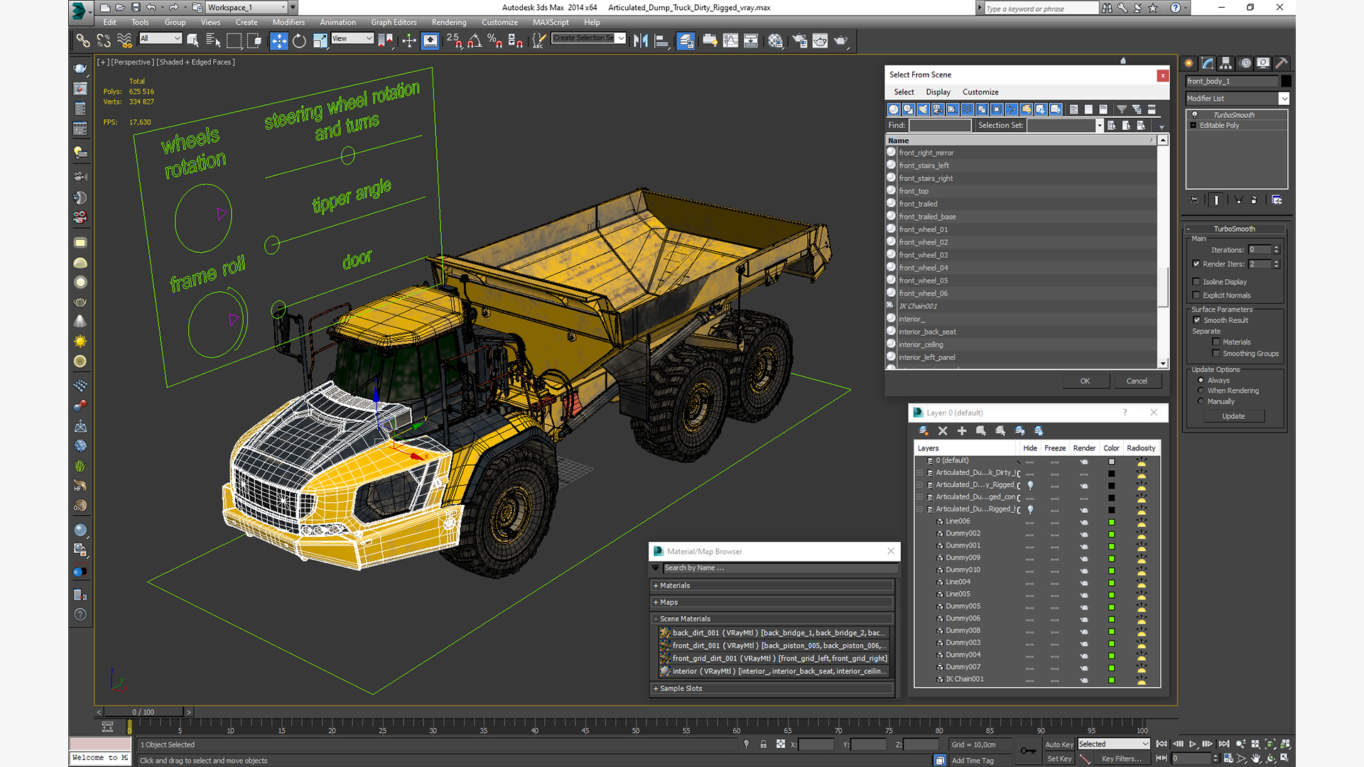 Articulated Dump Truck Dirty Rigged for Cinema 4D 3D model