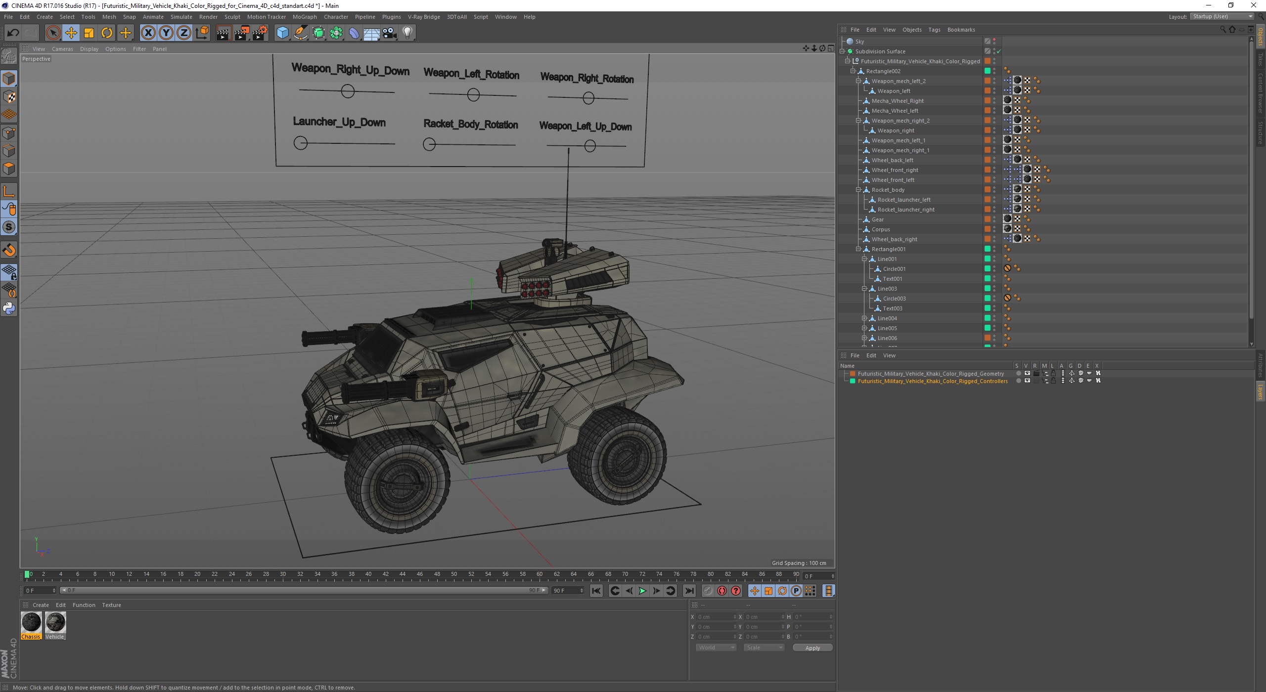 3D model Futuristic Military Vehicle Khaki Color Rigged for Cinema 4D
