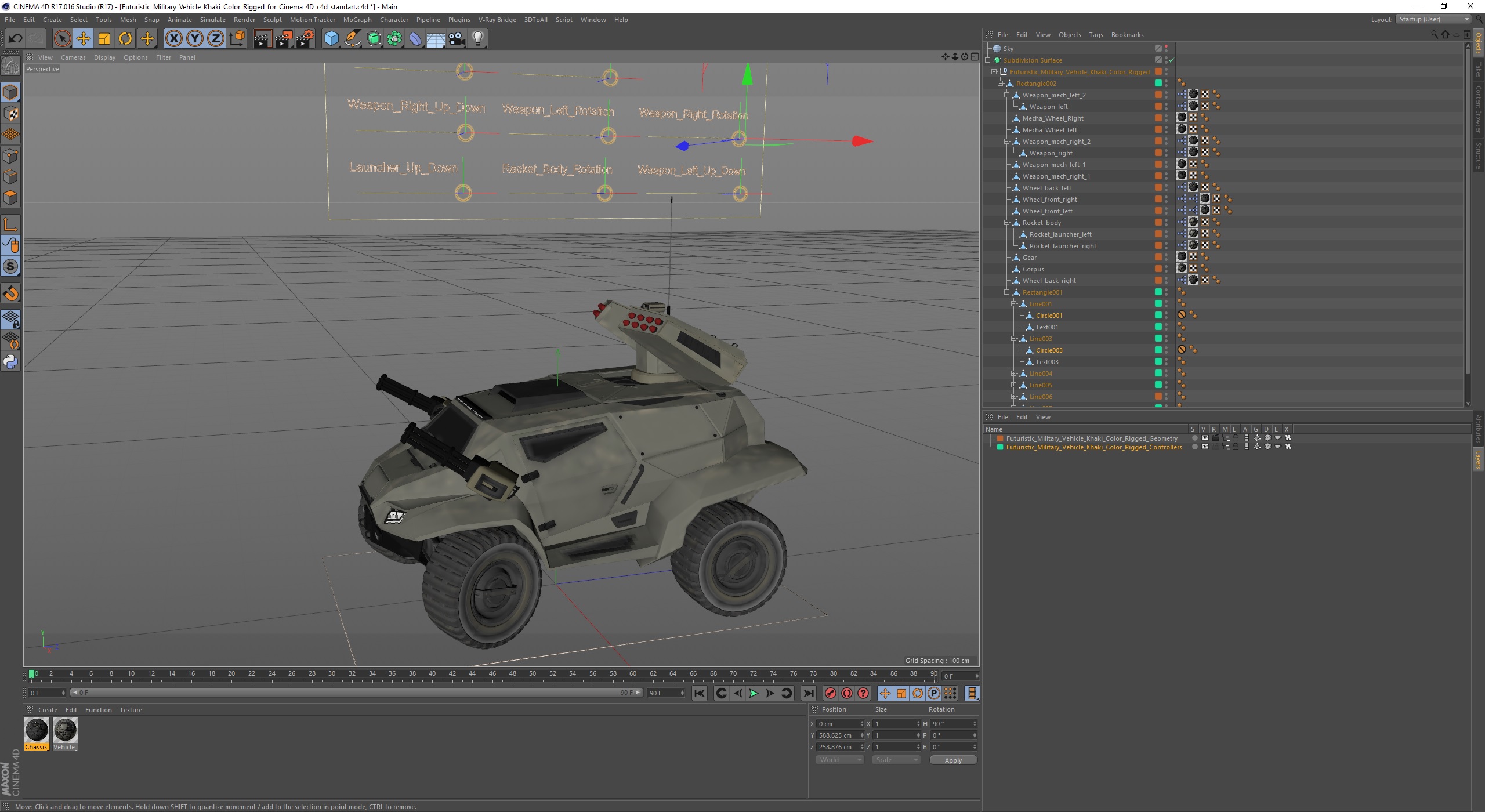 3D model Futuristic Military Vehicle Khaki Color Rigged for Cinema 4D