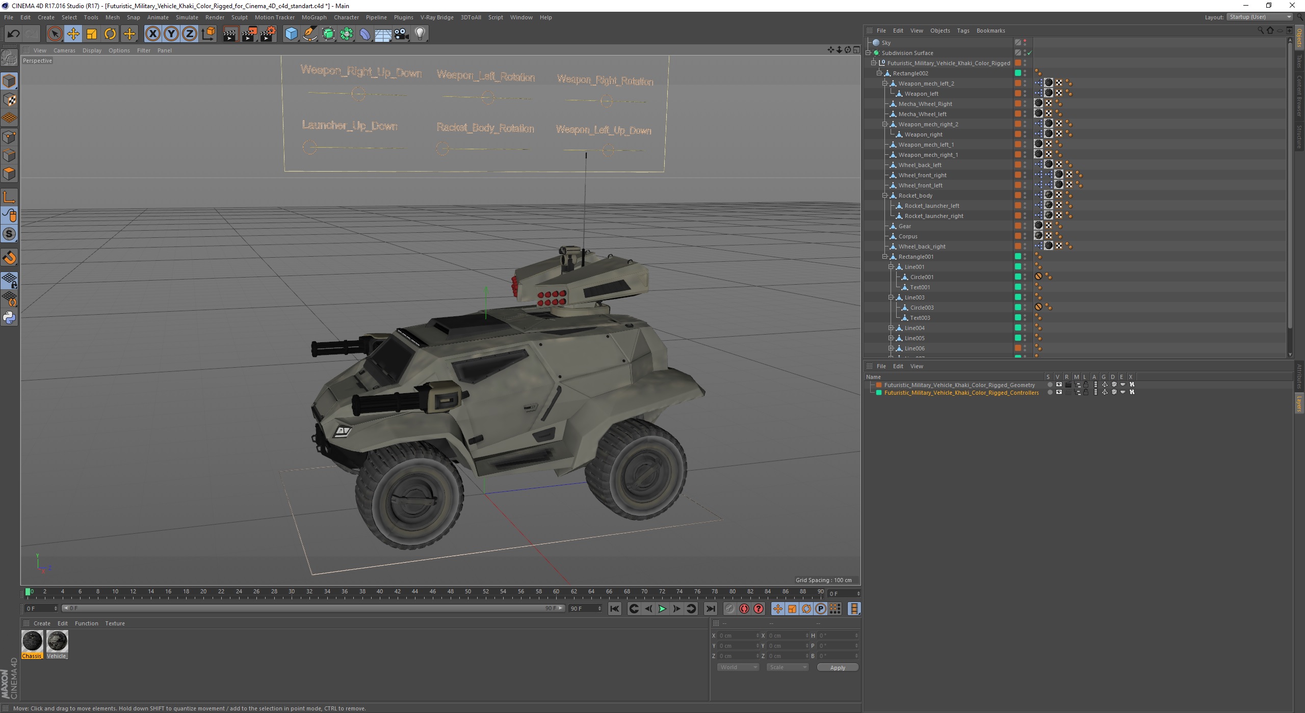 3D model Futuristic Military Vehicle Khaki Color Rigged for Cinema 4D