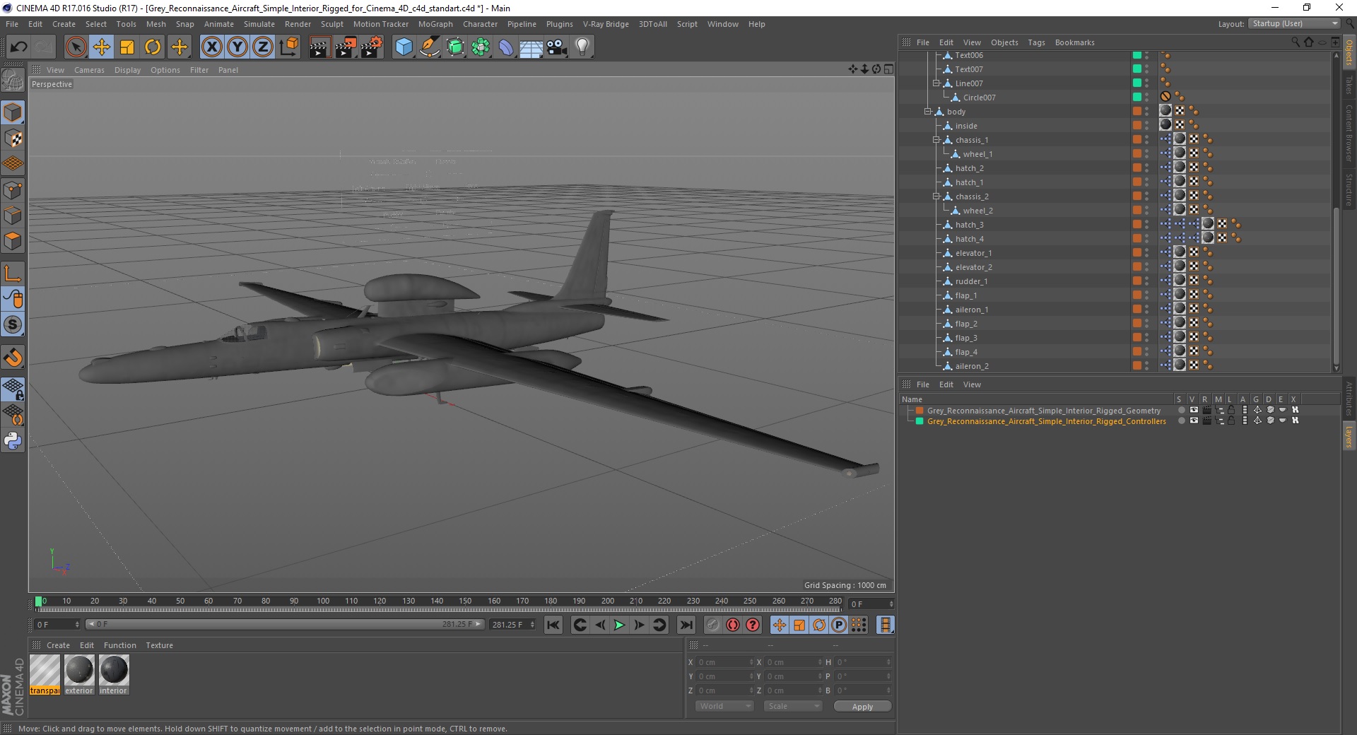 3D model Grey Reconnaissance Aircraft Simple Interior Rigged for Cinema 4D