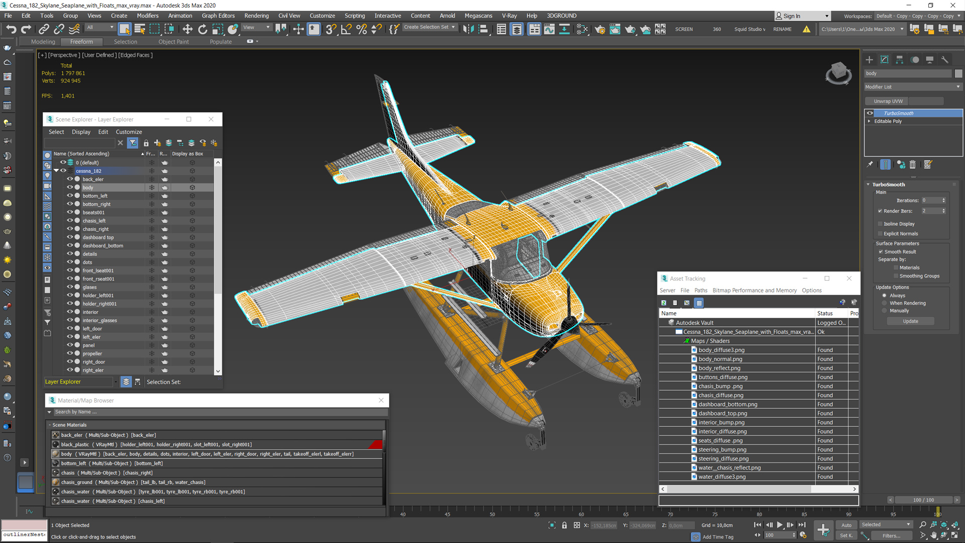 Cessna 182 Skylane Seaplane with Floats 3D model