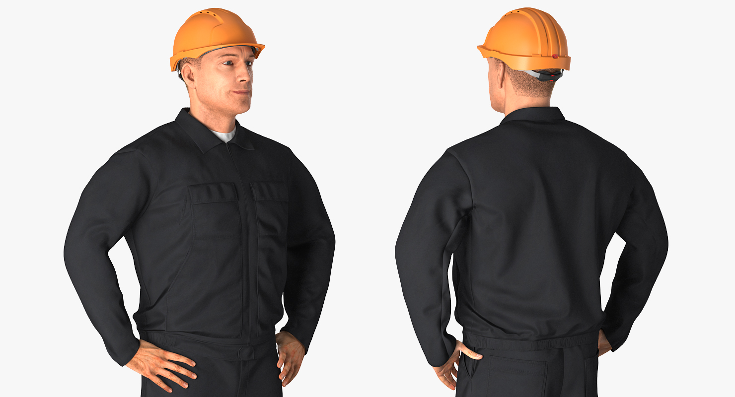 Worker Black Uniform with Hardhat Standing Pose 3D