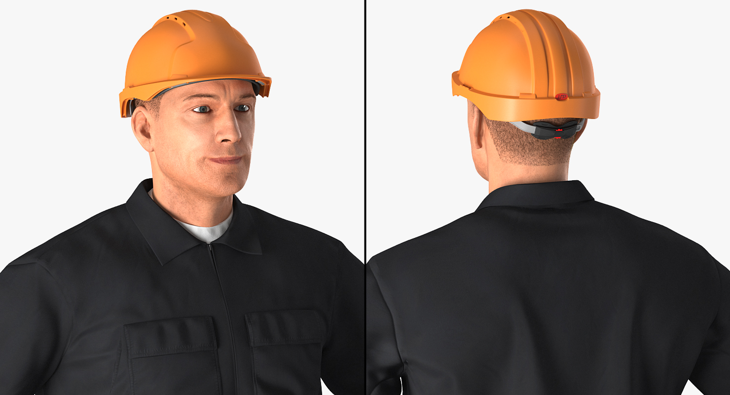 Worker Black Uniform with Hardhat Standing Pose 3D