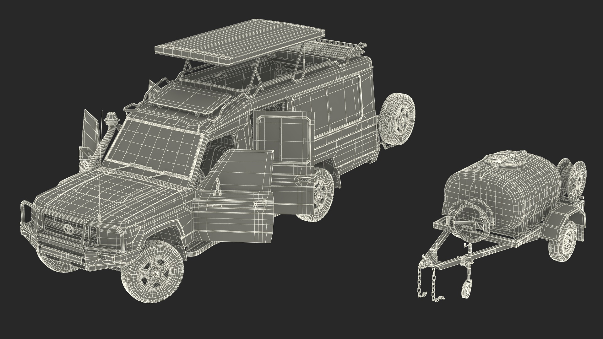Toyota SUV with Fire Fighting Trailer Rigged 3D model