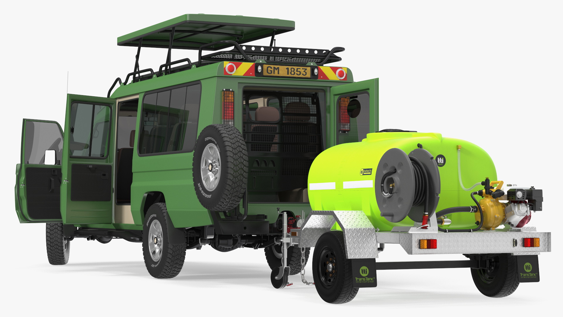 Toyota SUV with Fire Fighting Trailer Rigged 3D model