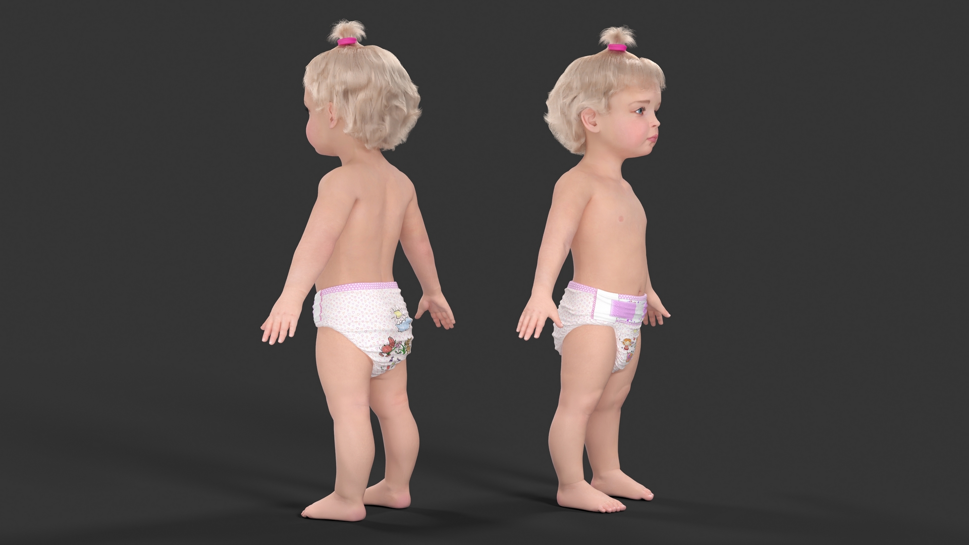 3D One Year Old Girl in Diaper Fur Rigged model