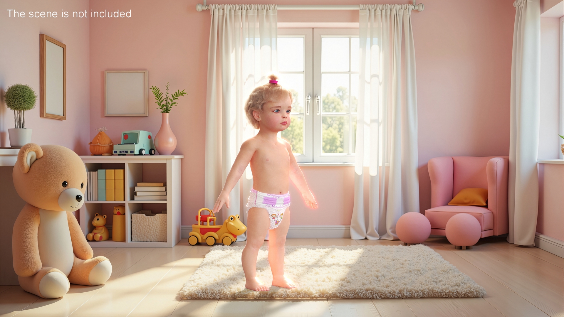 3D One Year Old Girl in Diaper Fur Rigged model