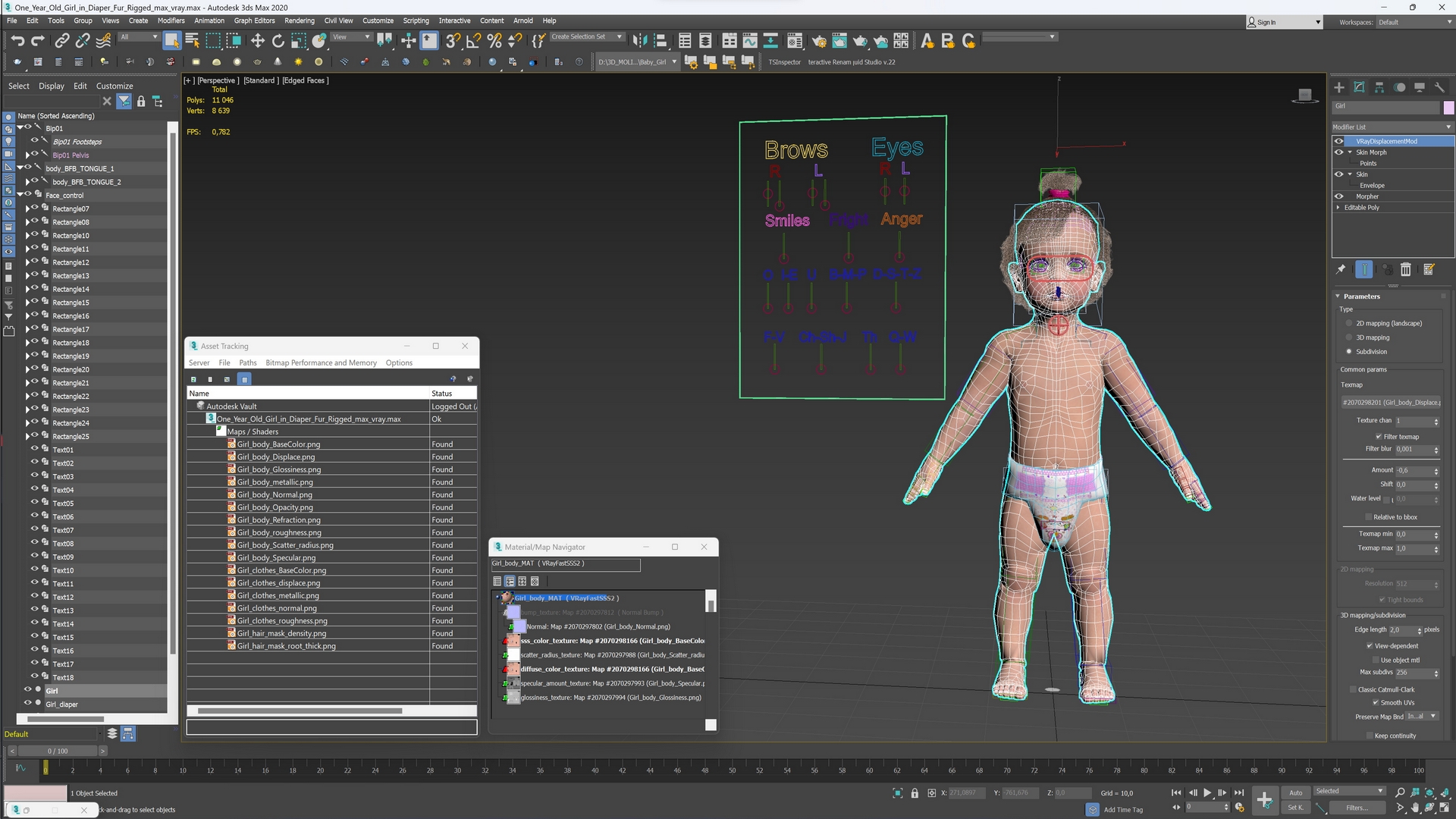 3D One Year Old Girl in Diaper Fur Rigged model