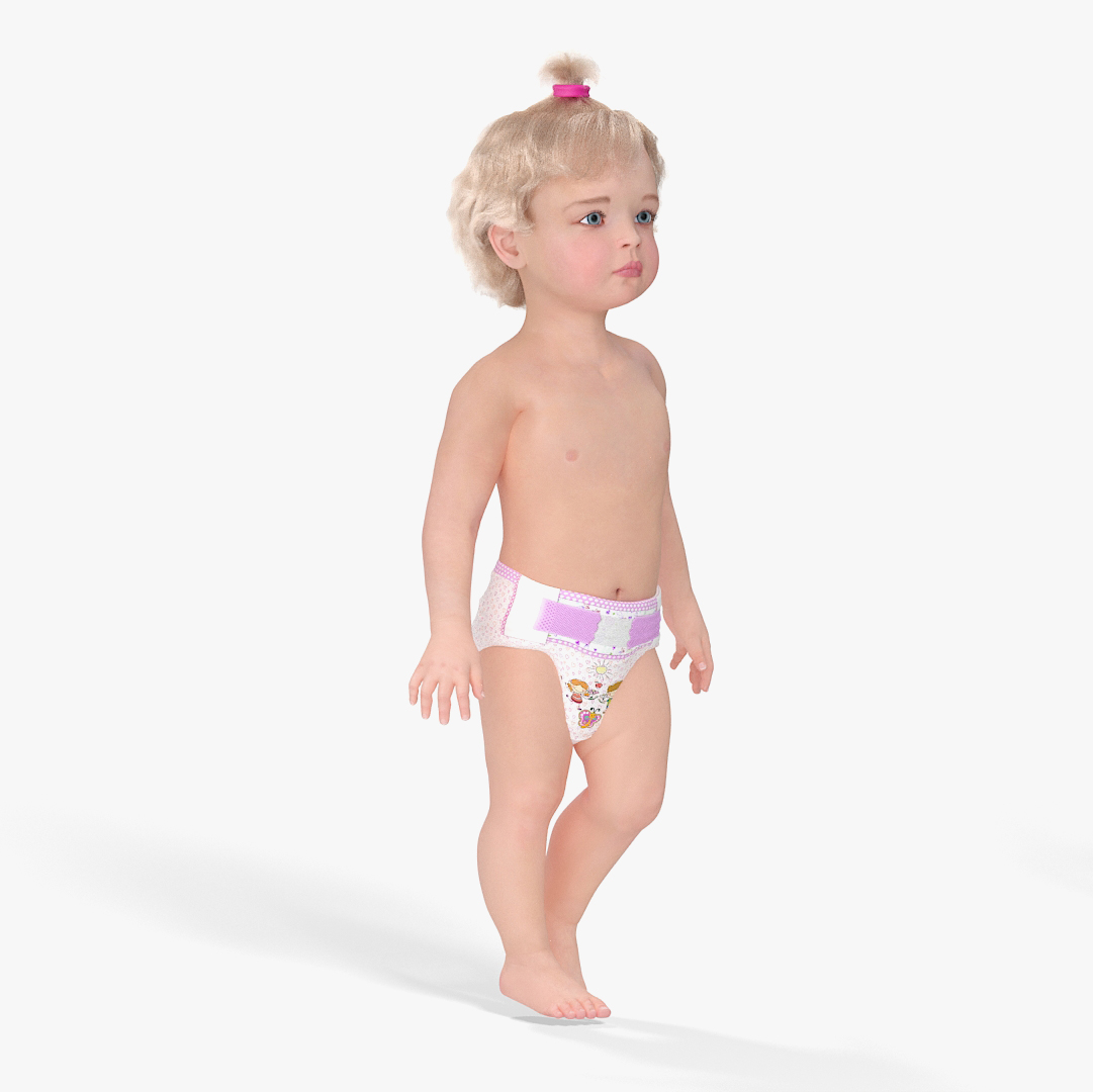3D One Year Old Girl in Diaper Fur Rigged model